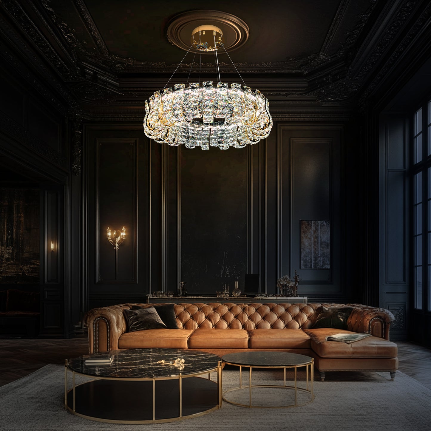 Luxury modern round gold crystal chandelier suspended from ceiling, featuring high end K9 crystals and warm LED lighting in an elegant interior.
