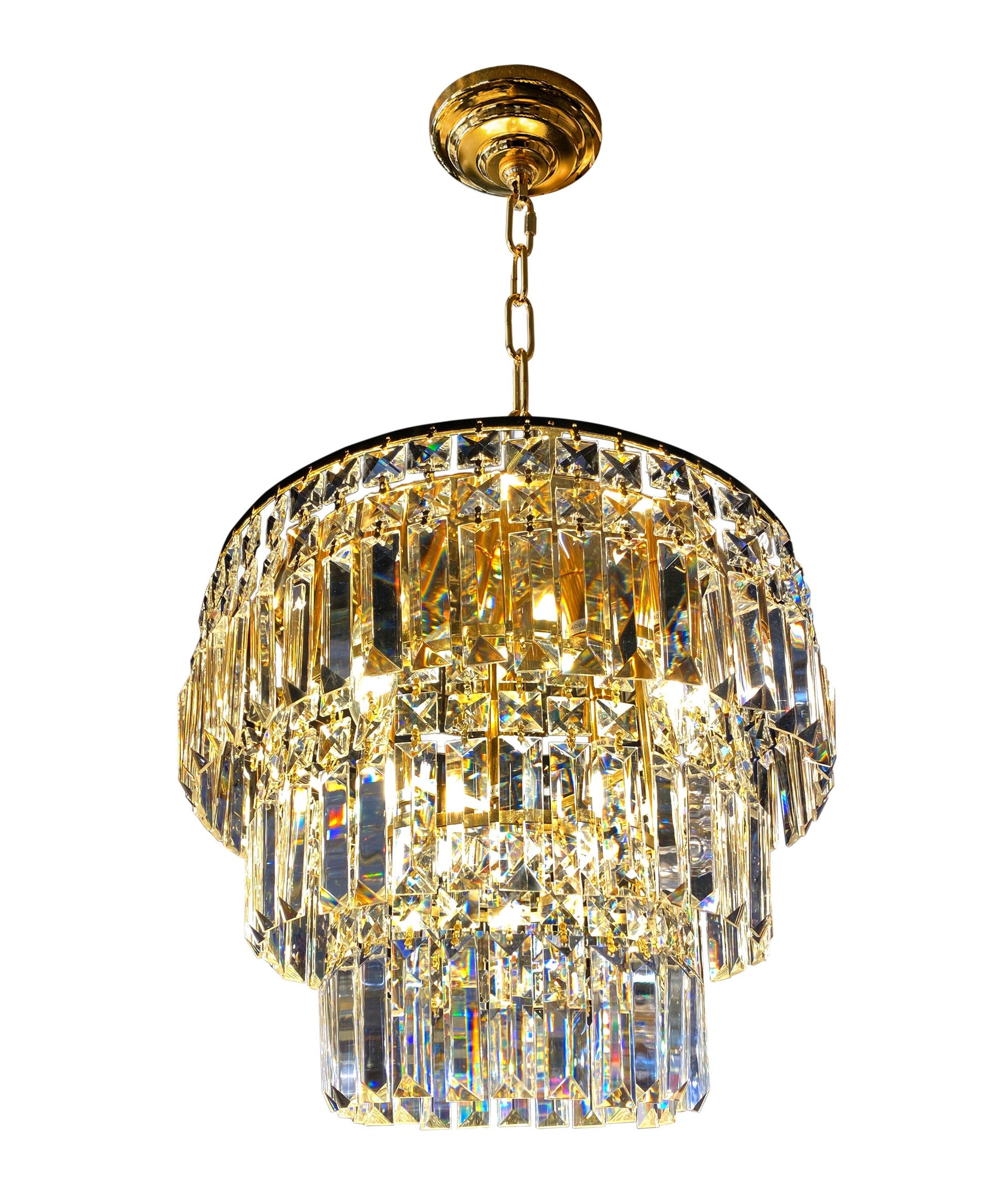 Compact gold crystal chandelier with layered glass prisms