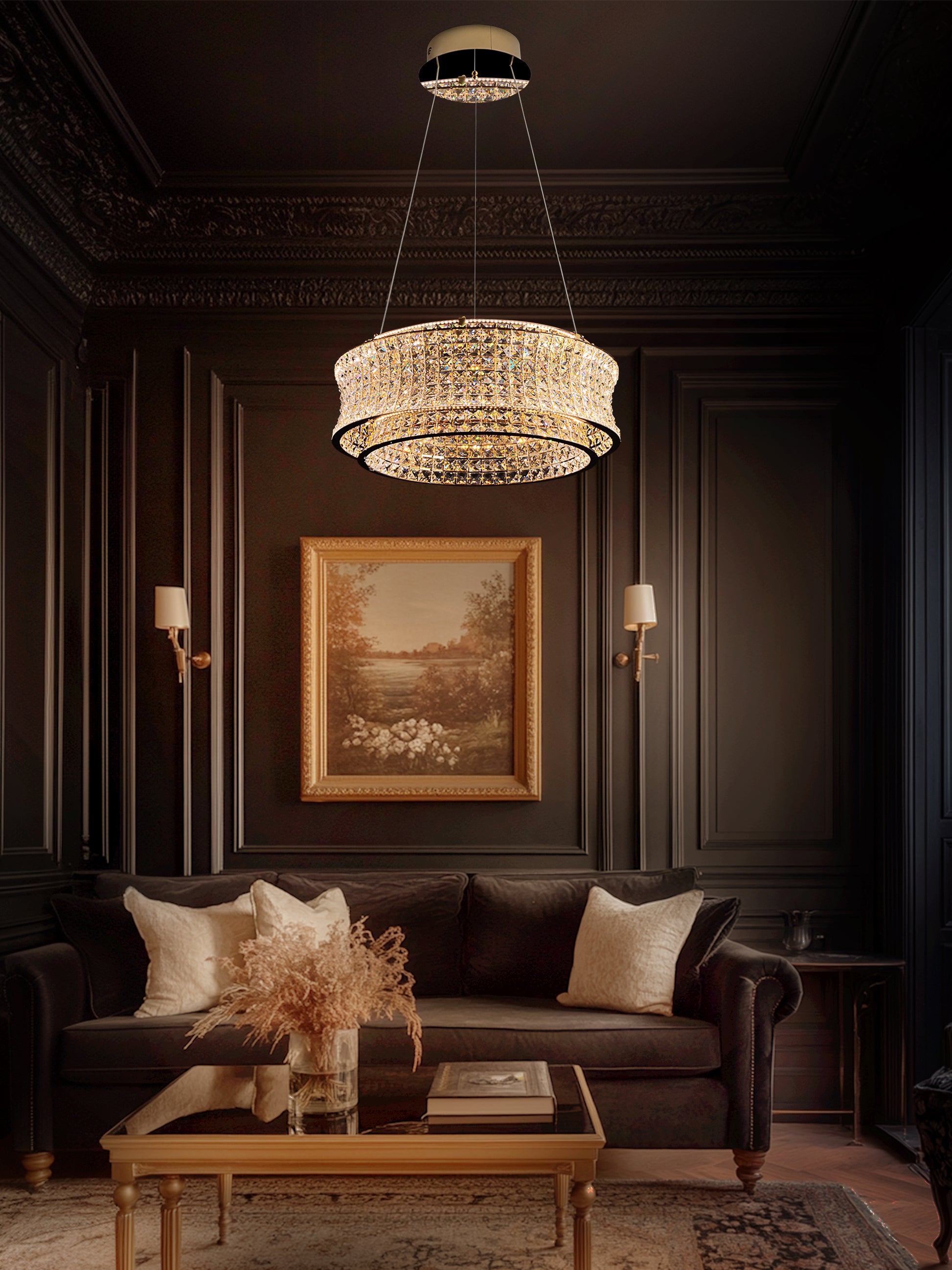 24 inch modern gold crystal LED chandelier displayed above a luxury living room seating area.