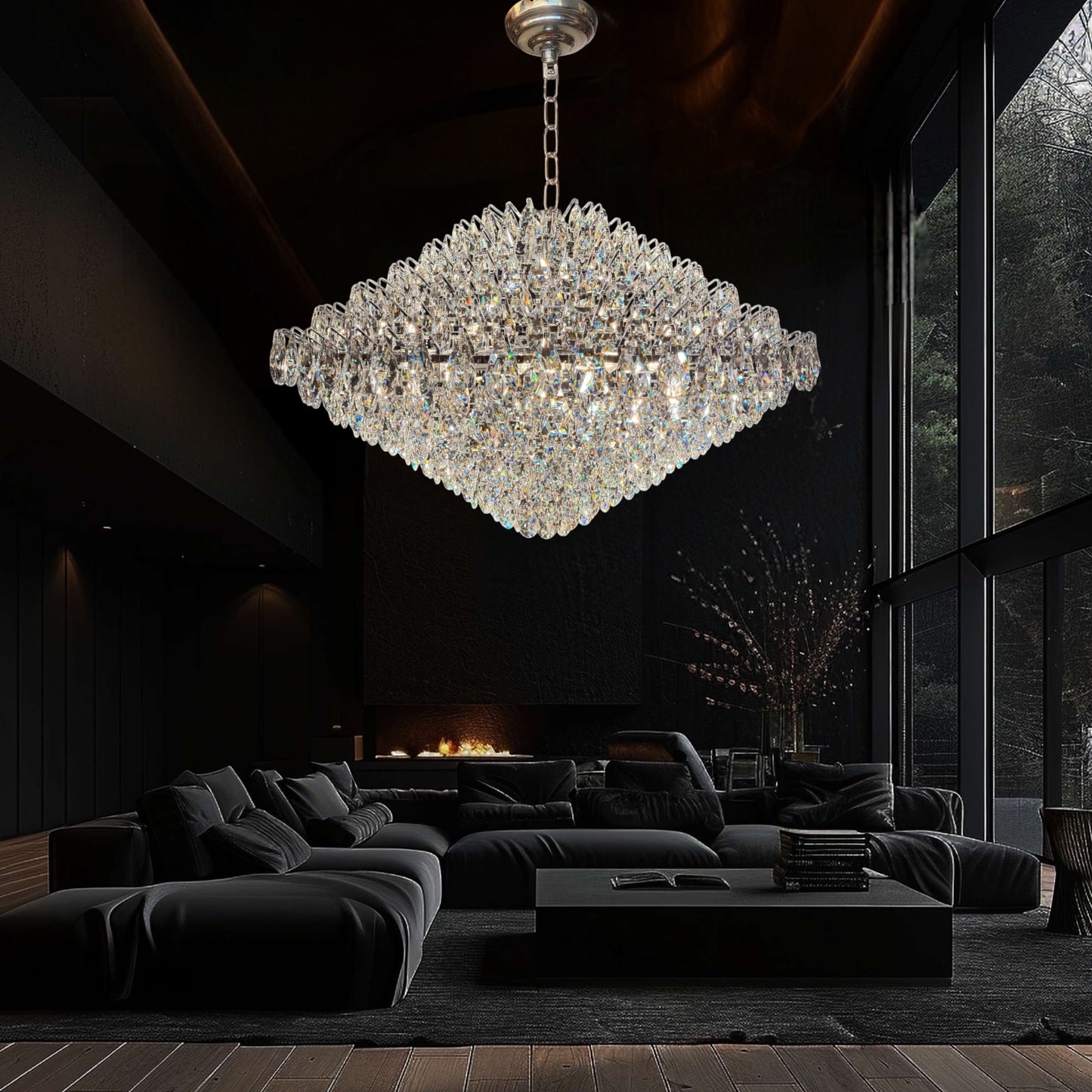 Modern Chrome crystal chandelier illuminated in elegant contemporary interior.
