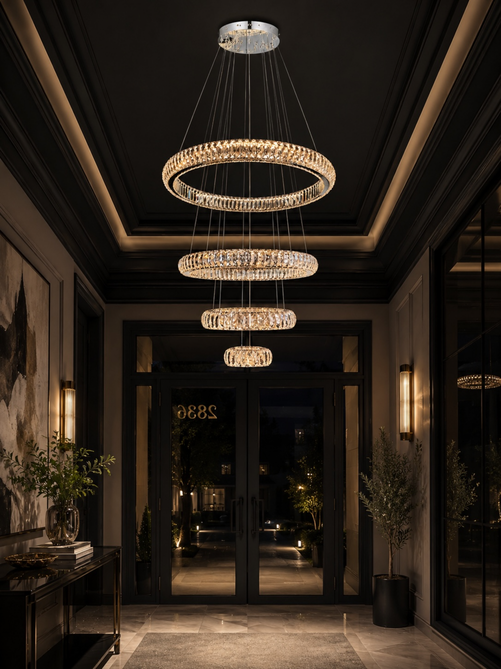 Modern Chrome Crystal Ring Chandelier for Foyer Entryway and High Ceiling Lighting with Adjustable Suspension Cables