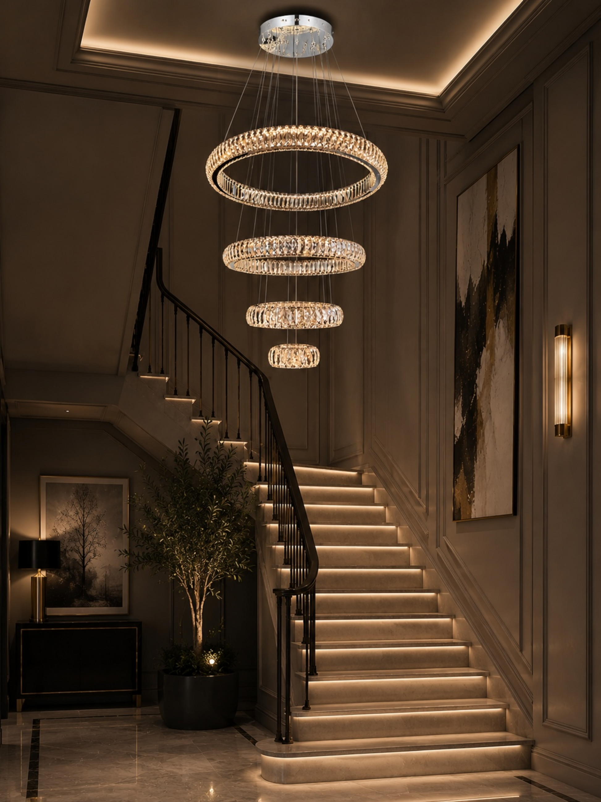 Modern Chrome Crystal Ring Chandelier for Staircase Foyer with Adjustable Suspension Cables and High Ceiling Design