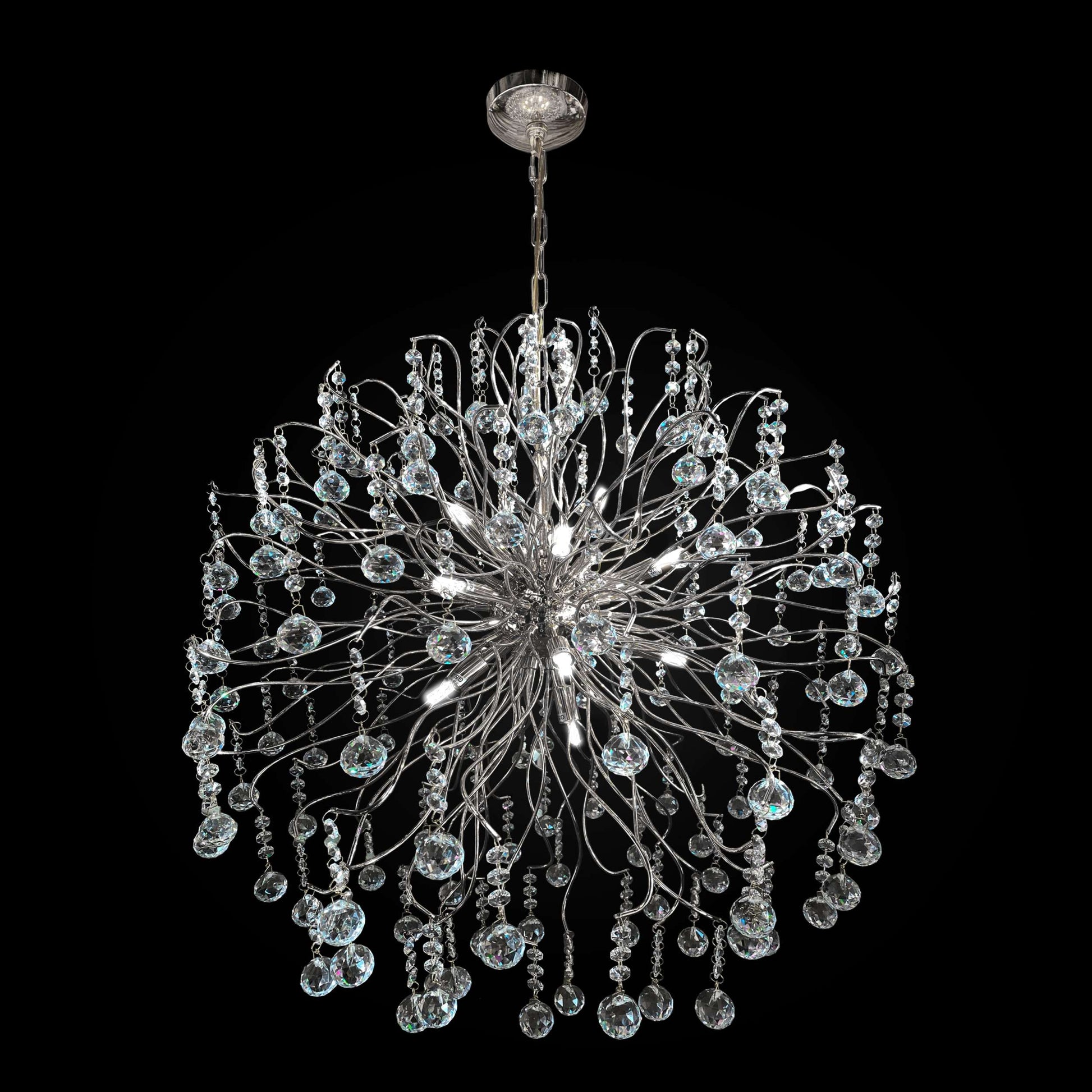 A modern chrome firework-inspired crystal chandelier with cascading crystal droplets, designed for ceiling mounting.