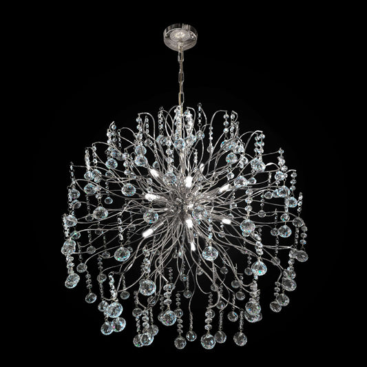 A modern chrome firework-inspired crystal chandelier with cascading crystal droplets, designed for ceiling mounting.