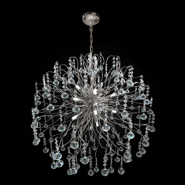 A modern chrome firework-inspired crystal chandelier with cascading crystal droplets, designed for ceiling mounting.