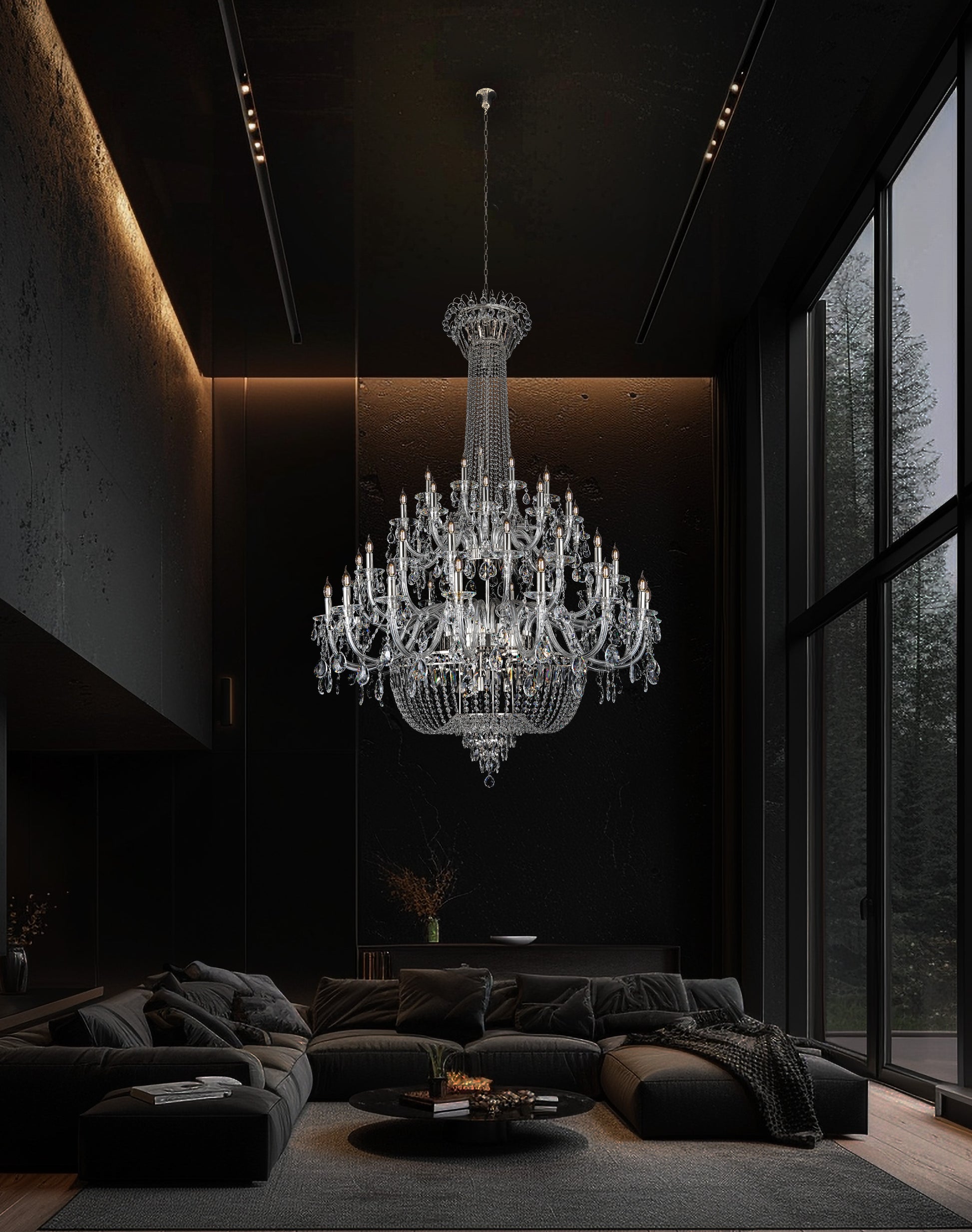 Modern chrome empire chandelier enhancing a high-ceiling foyer with elegant lighting