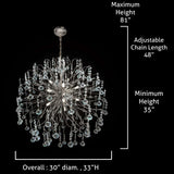 Dimensions view of modern chrome round chandelier with adjustable cables.