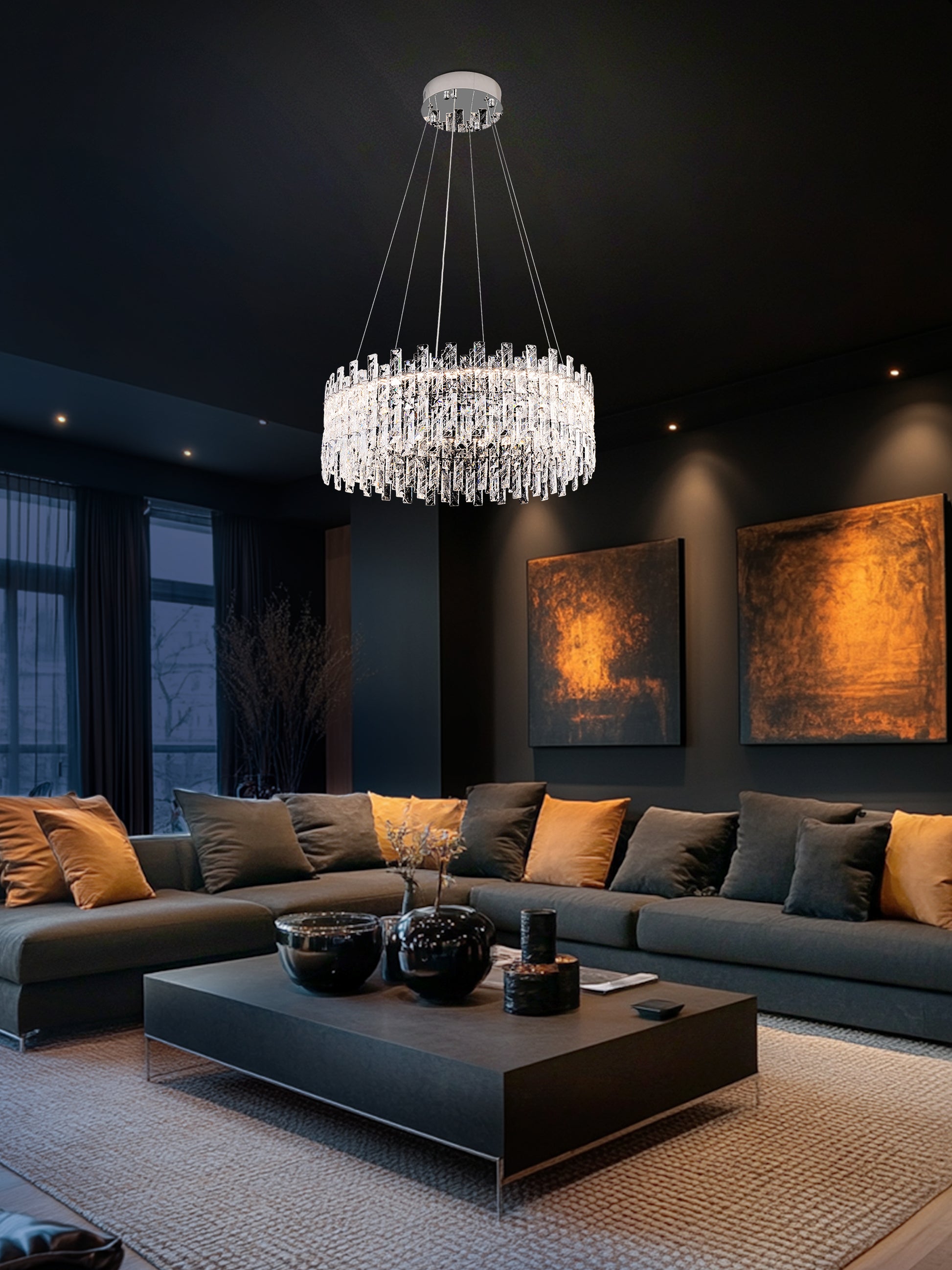 Modern luxury crystal chandelier illuminating an elegant living room