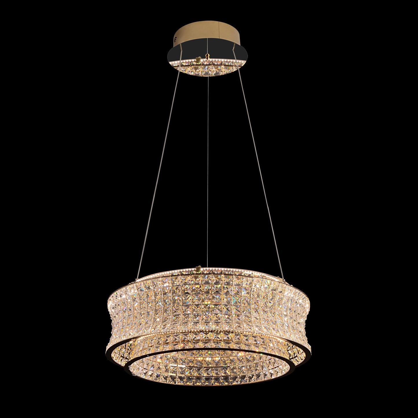 A luxurious modern crystal LED chandelier with a gold finish, featuring adjustable height and dimmable LED lighting with a remote control.