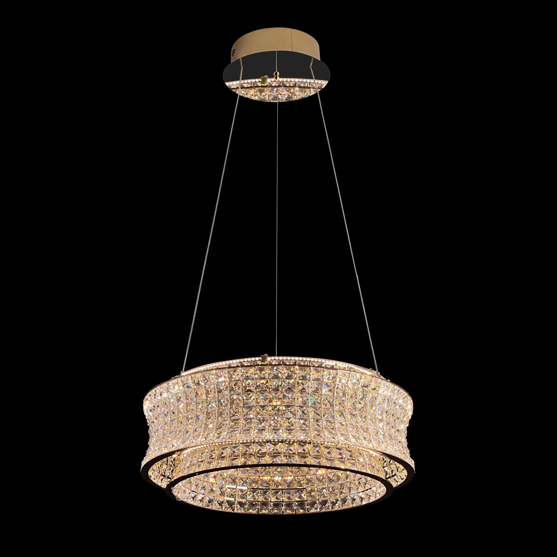A luxurious modern crystal LED chandelier with a gold finish, featuring adjustable height and dimmable LED lighting with a remote control.