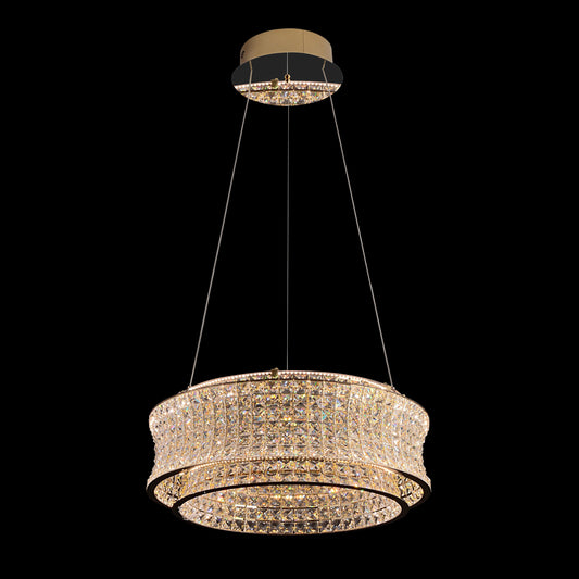 A luxurious modern crystal LED chandelier with a gold finish, featuring adjustable height and dimmable LED lighting with a remote control.