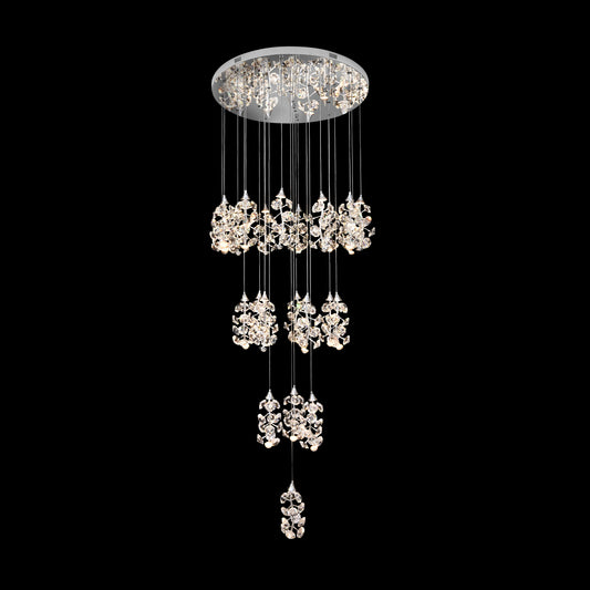 Modern crystal LED cascading chandelier with chrome finish and 23 hanging crystal clusters