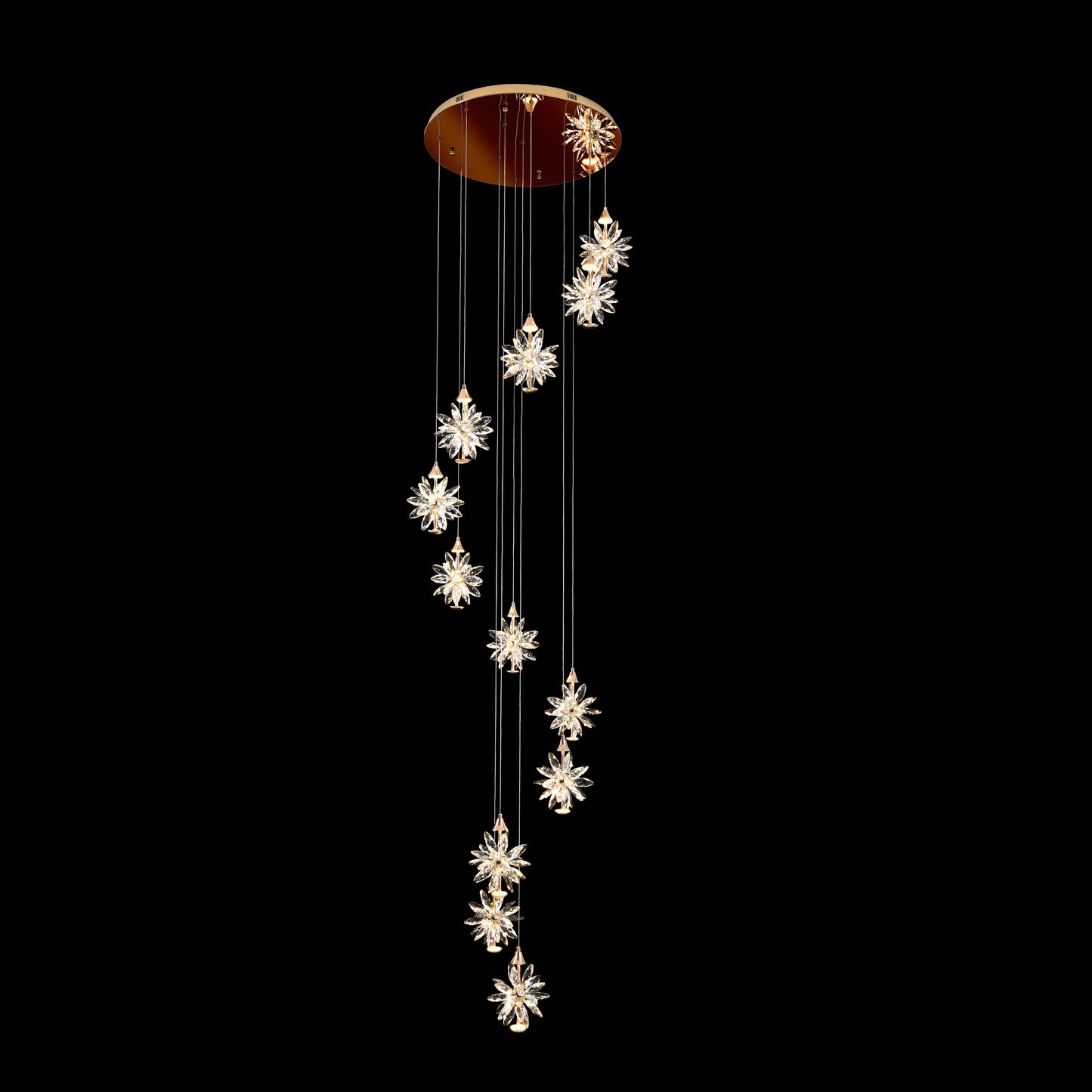Chandelier with star-shaped crystals on a black background