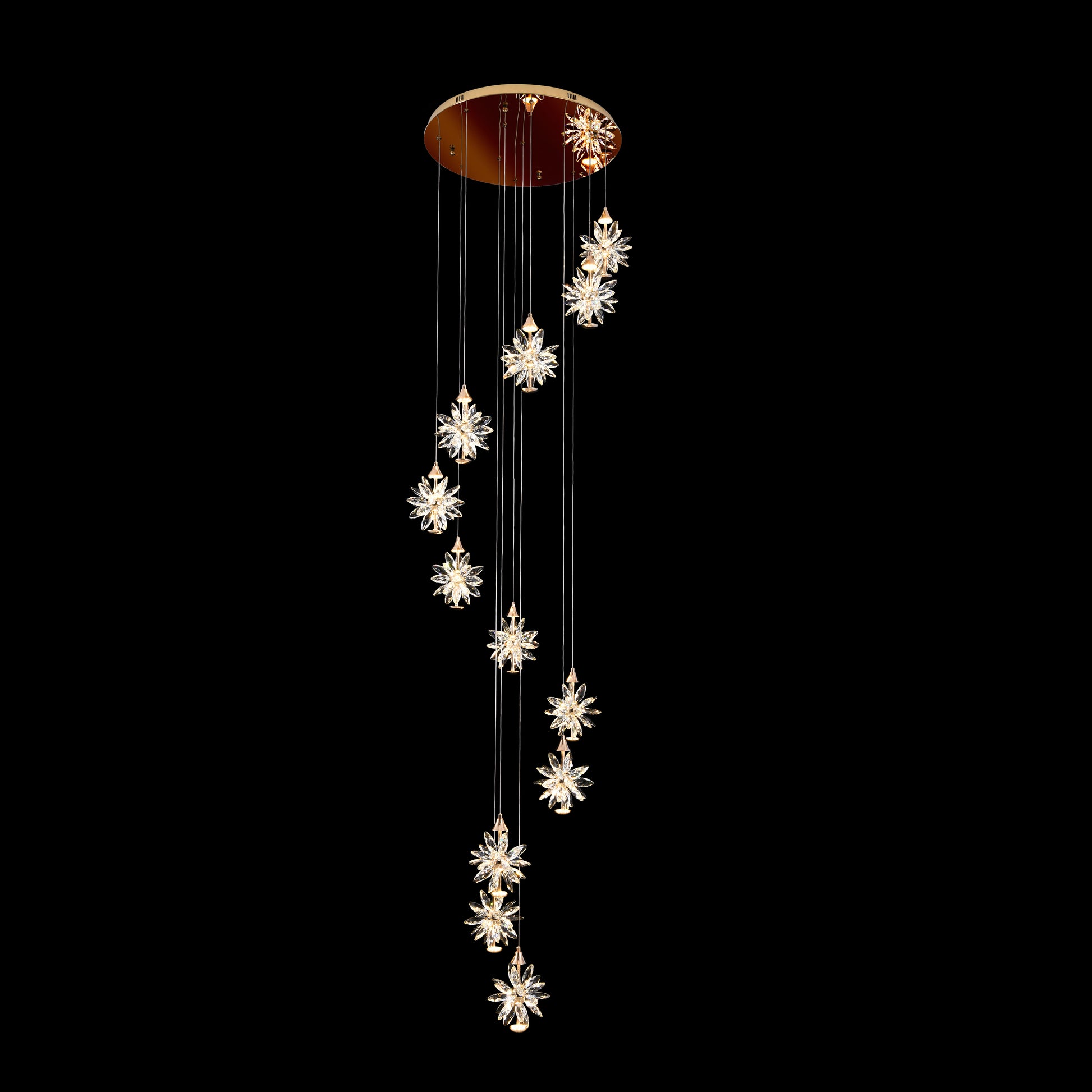 Chandelier with star-shaped crystals on a black background