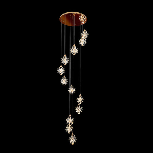 Chandelier with star-shaped crystals on a black background