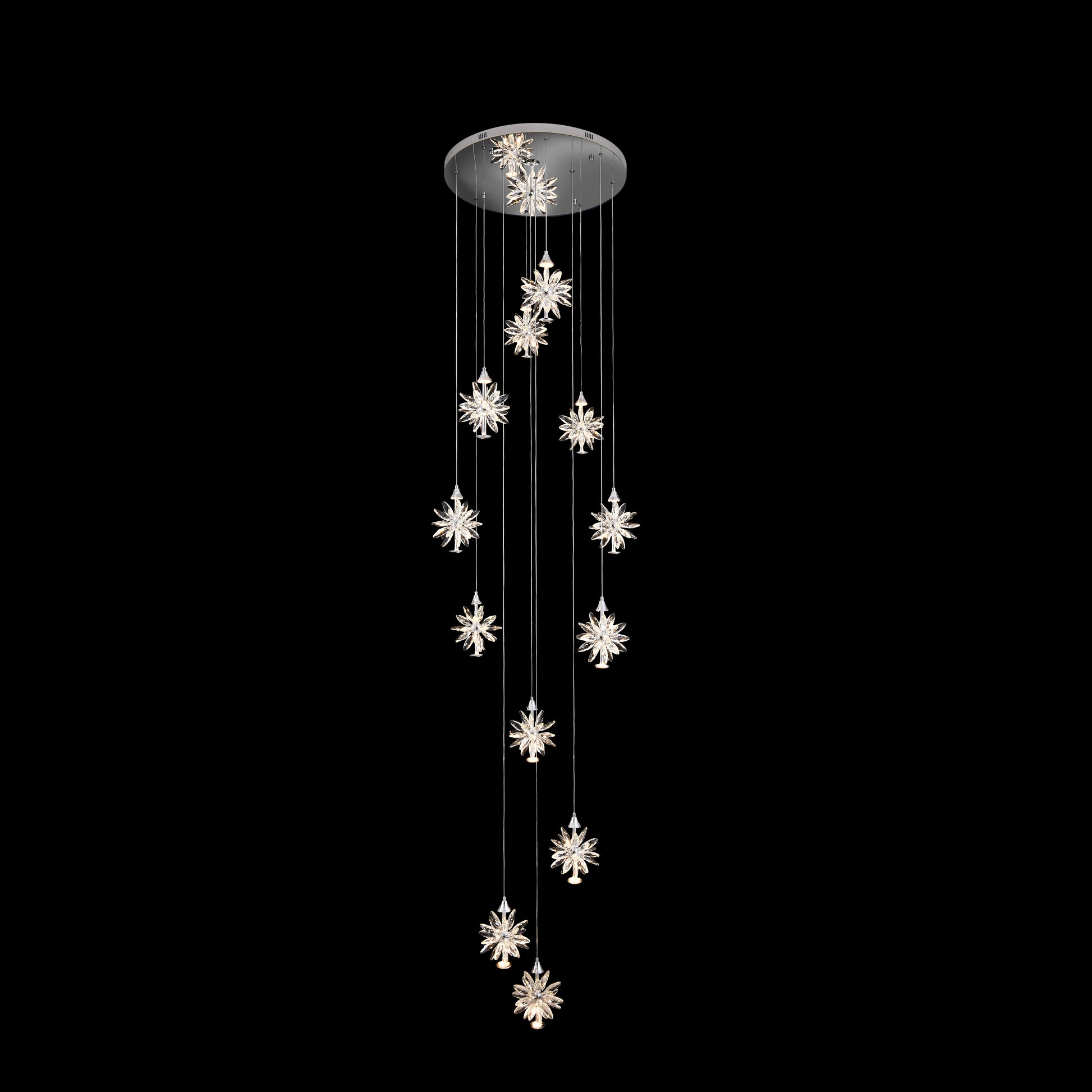 Decorative ceiling light fixture with star-shaped crystals on a black background
