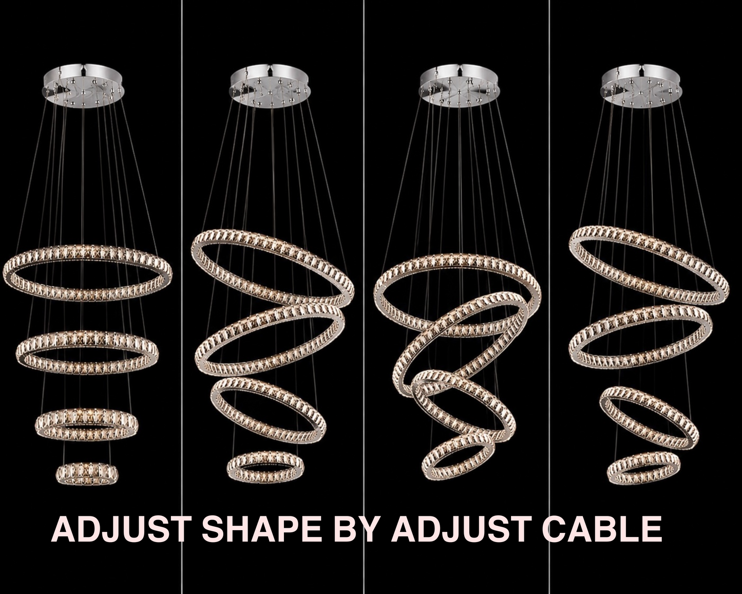 Modern Crystal Ring LED Chandelier with Adjustable Cables for Custom Ring Arrangement and High Ceiling Installation’s