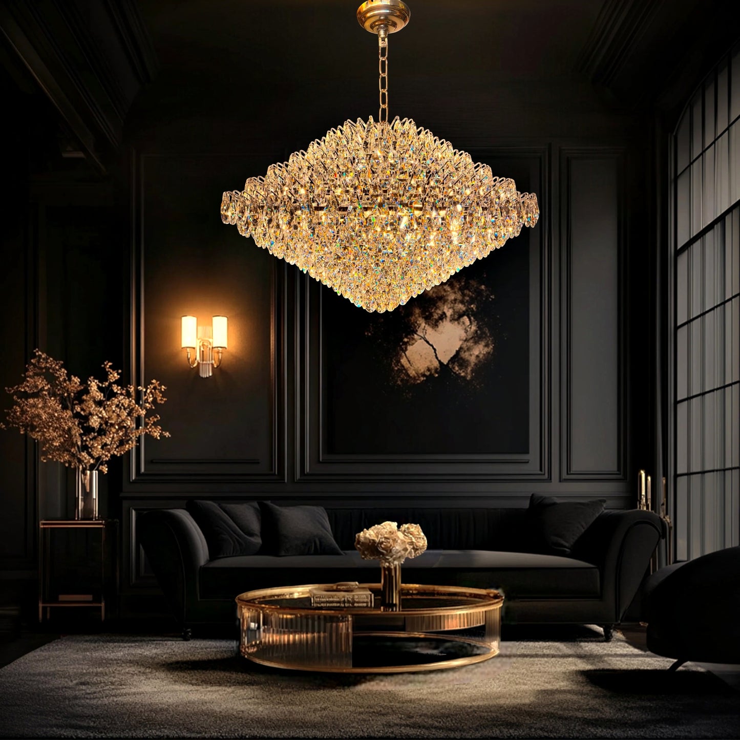 Modern gold crystal chandelier suspended above sophisticated luxury interior setting.