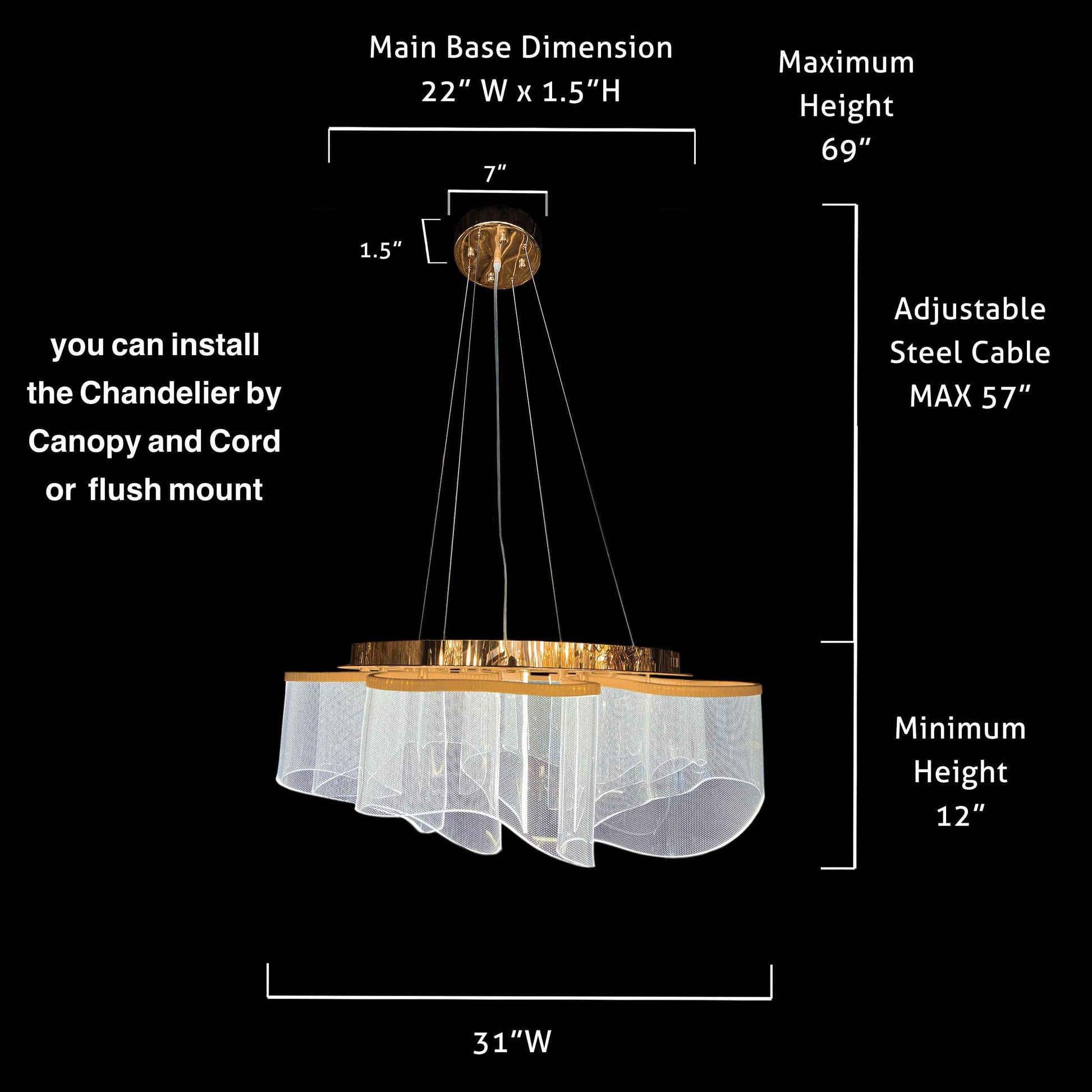 Technical diagram showing pendant chandelier 31" dimensions and adjustable cables
