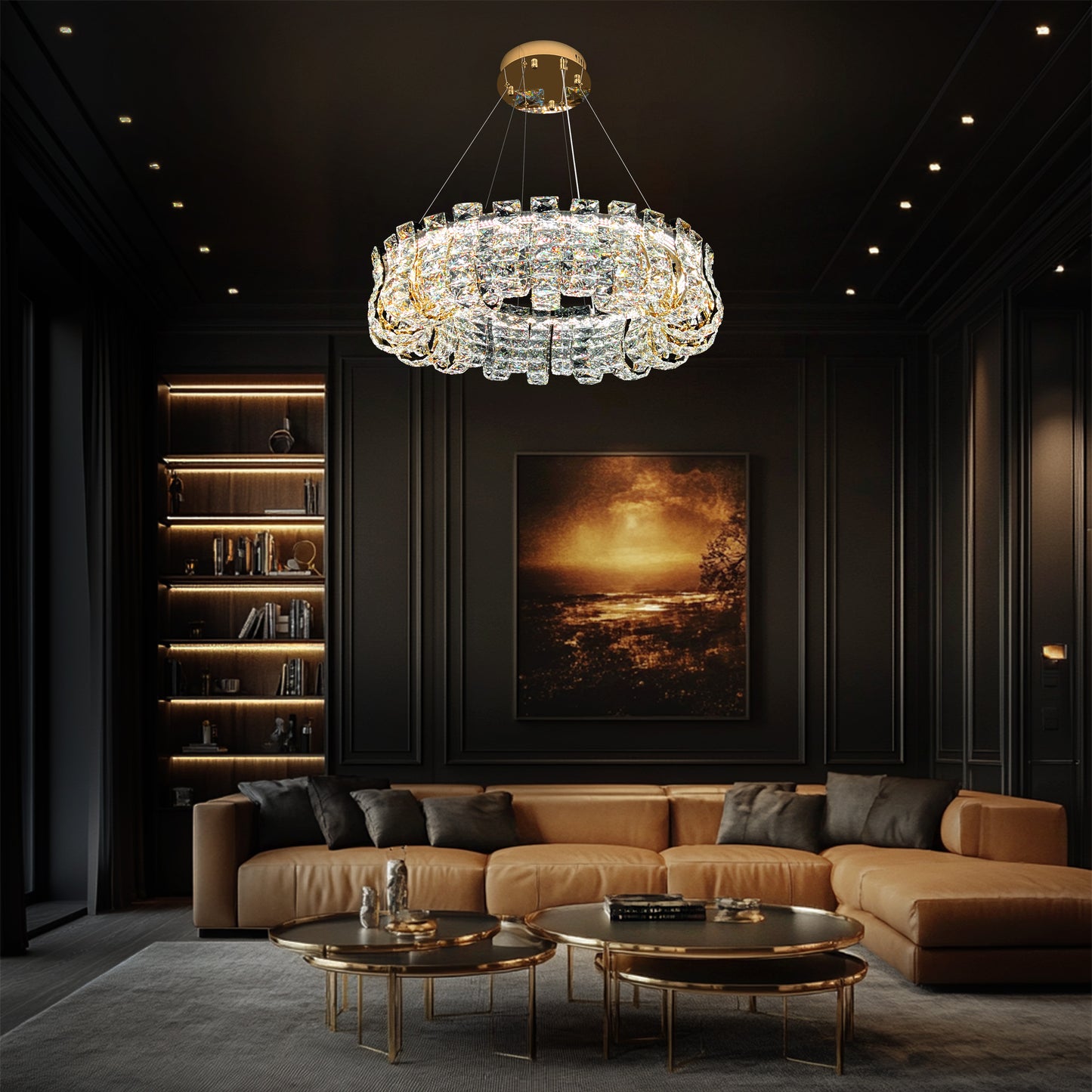 Modern round gold crystal chandelier hanging in a luxury interior, showcasing elegant crystal details and warm LED lighting.