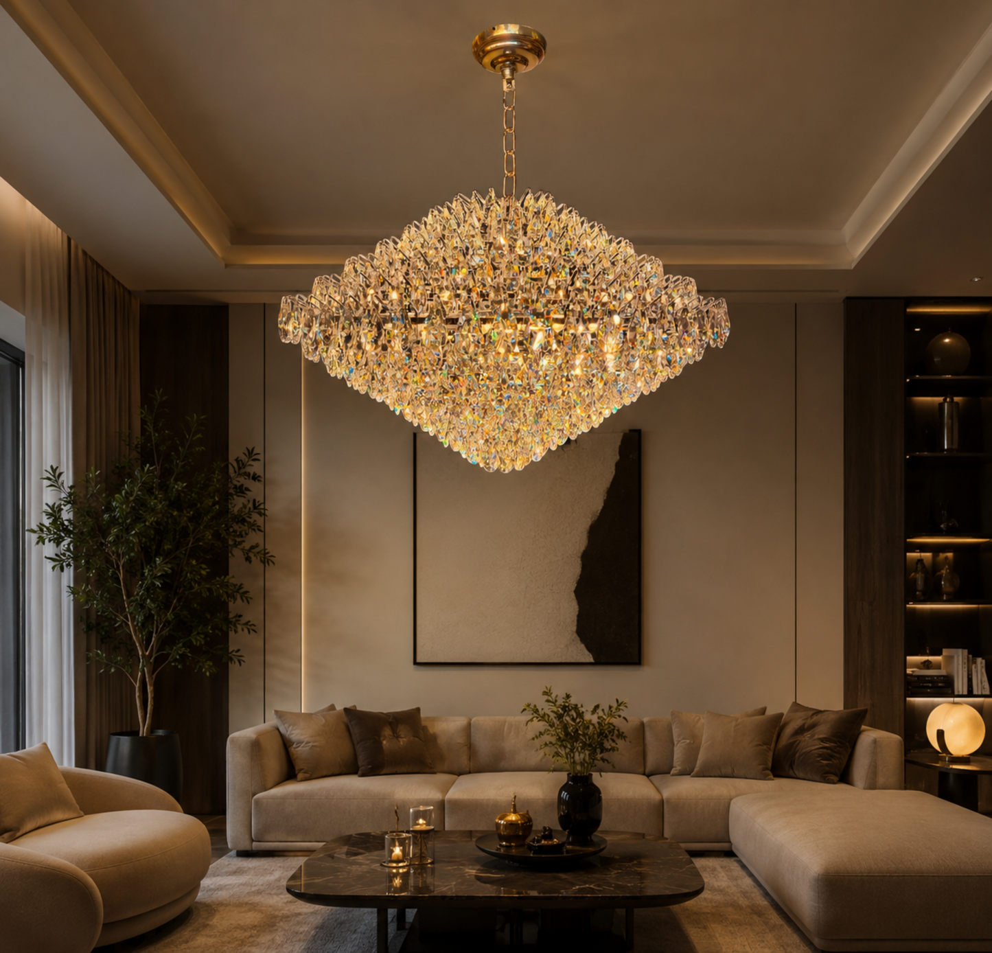 Luxurious living room with a large chandelier, beige sofa, and decorative elements.