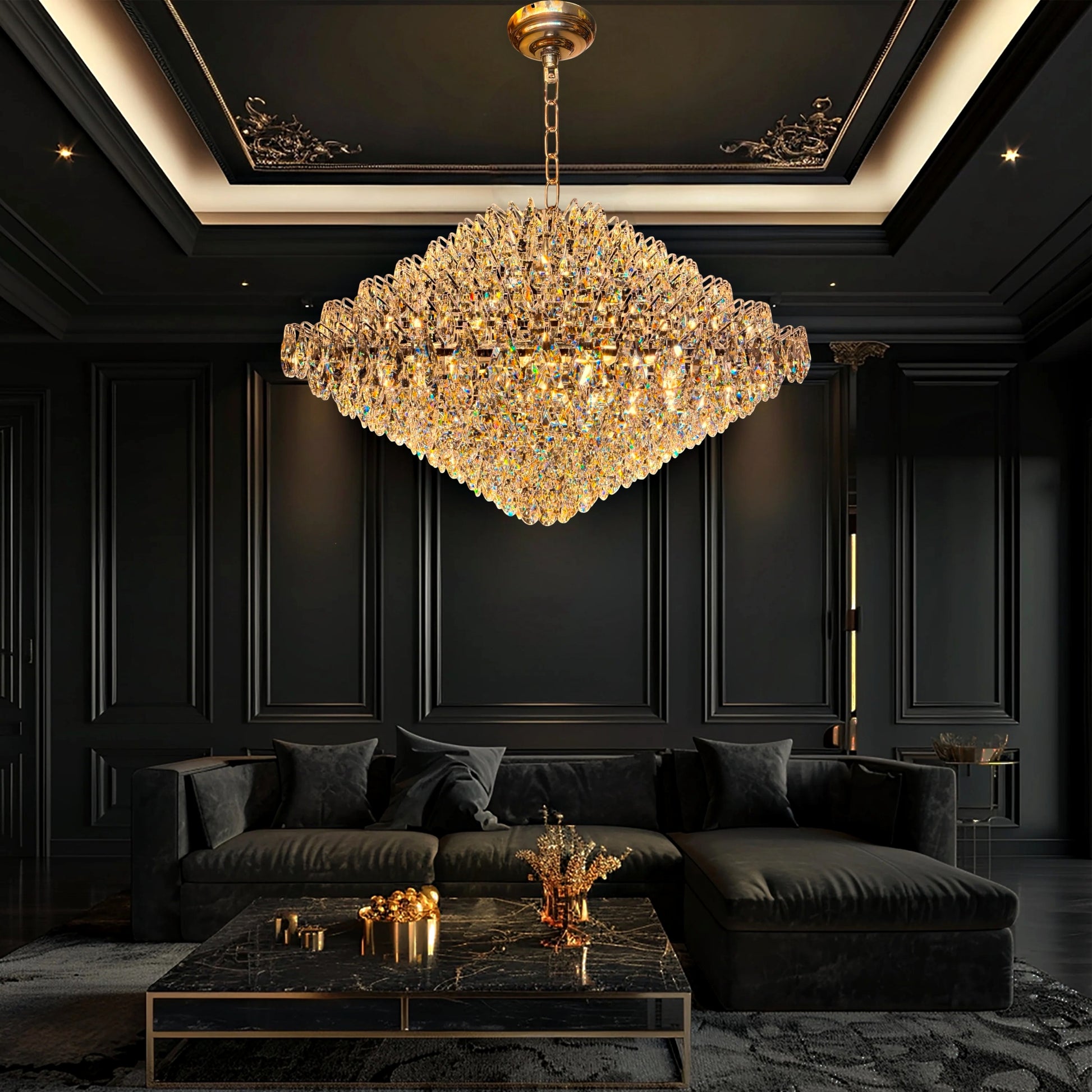 Modern gold crystal chandelier illuminated in elegant contemporary interior.
