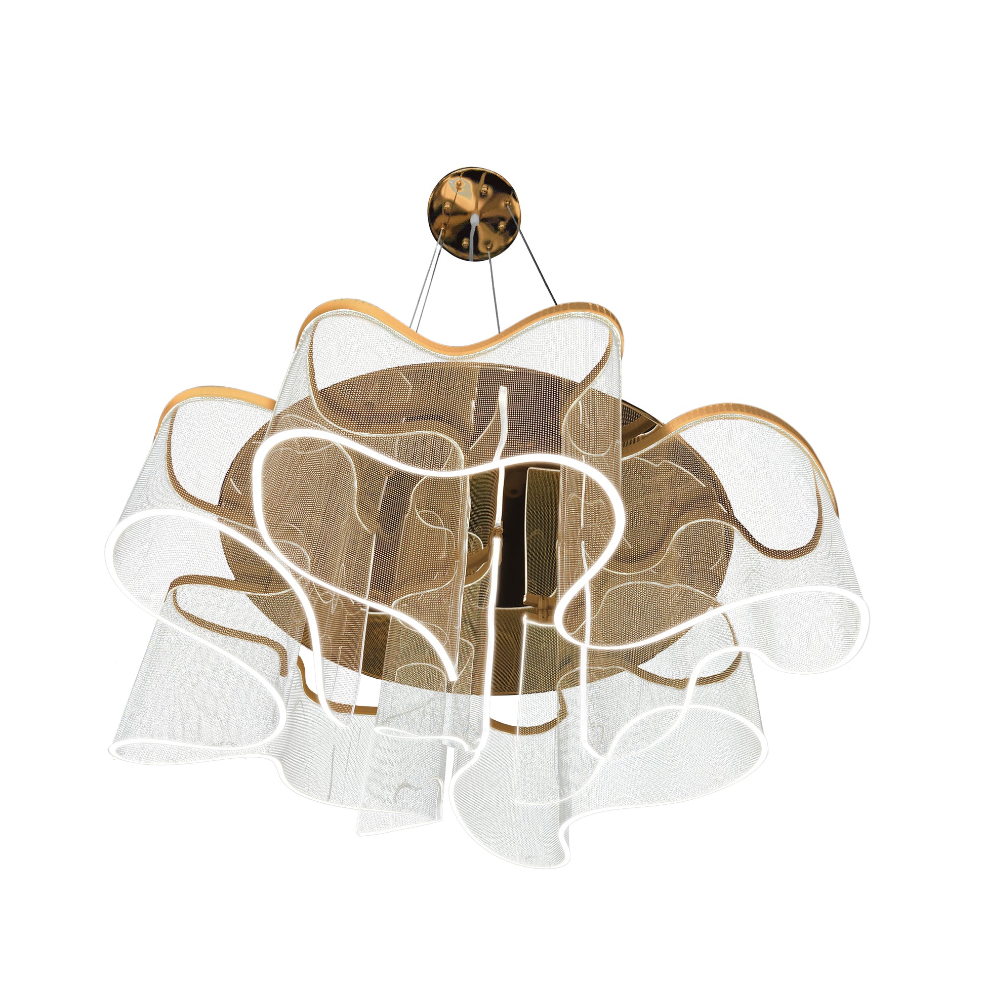 Sculptural gold LED ceiling chandelier with artistic acrylic ribbons