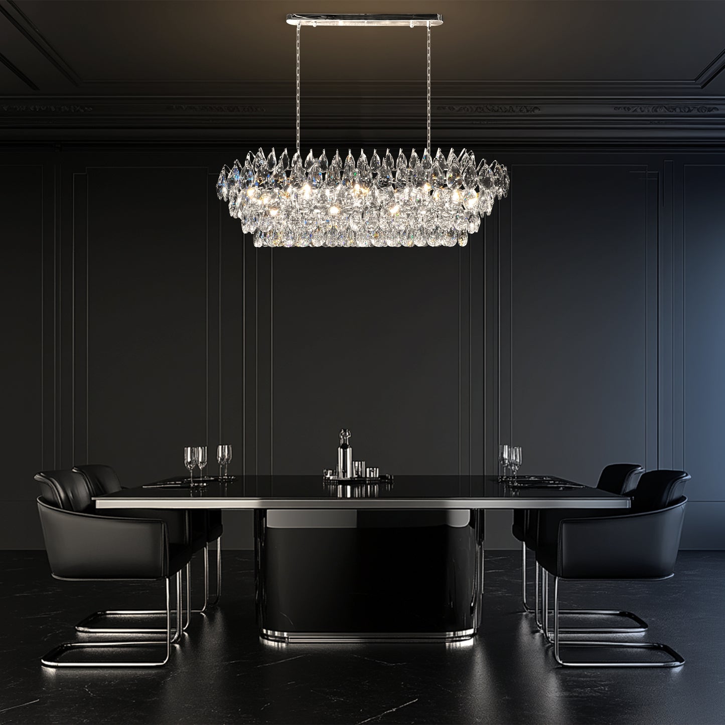 Modern empire style crystal chandelier featured in a luxury dining room interior chrome finish lighting.
