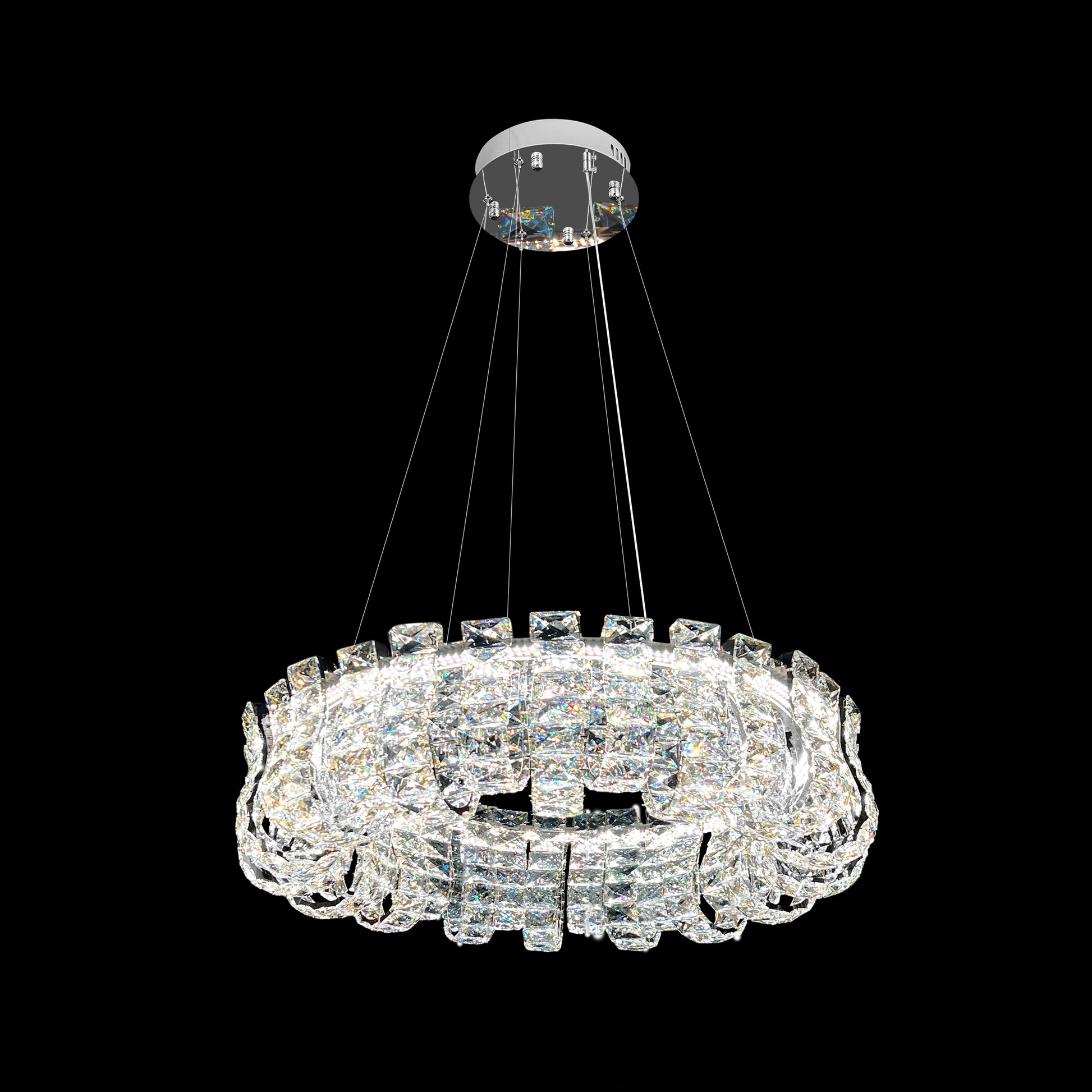 Modern round chrome crystal LED chandelier with adjustable hanging wires and dimmable lighting, displayed on a black background.