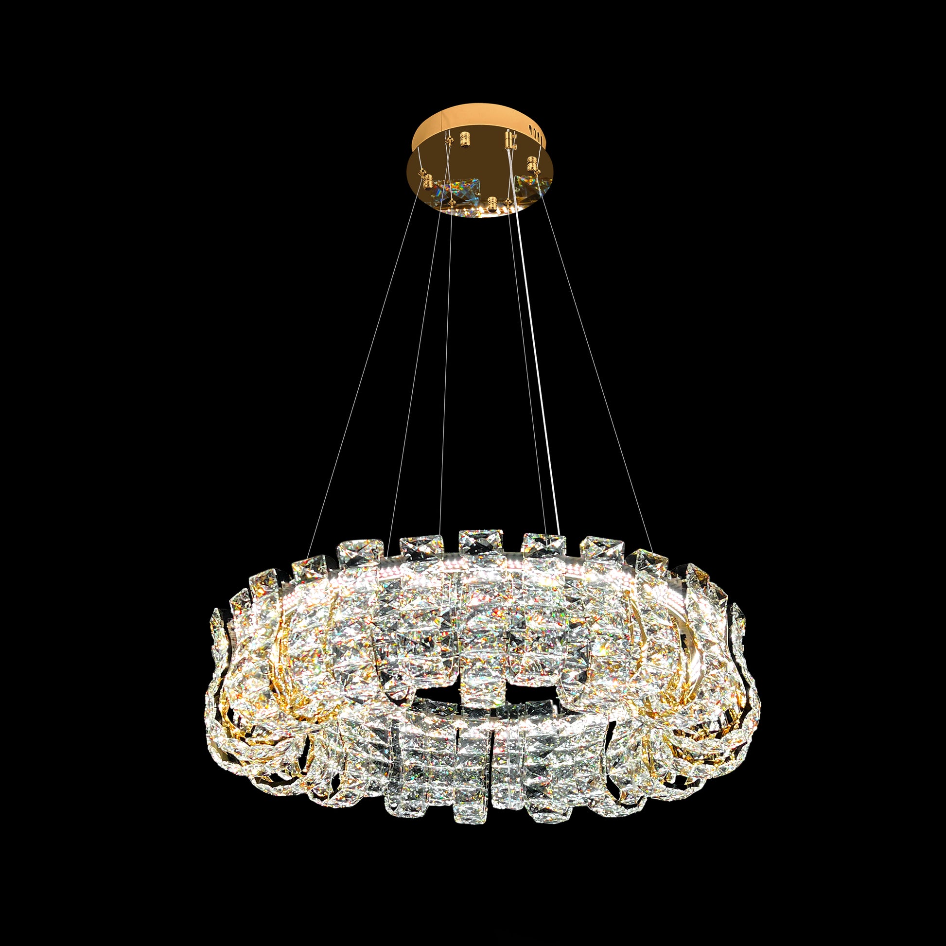 Modern round gold crystal LED chandelier with adjustable hanging wires and dimmable lighting, displayed on a black background.