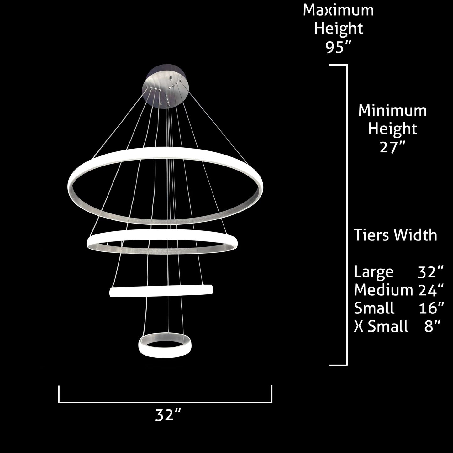 Dimensions diagram for multi-ring LED chandelier design