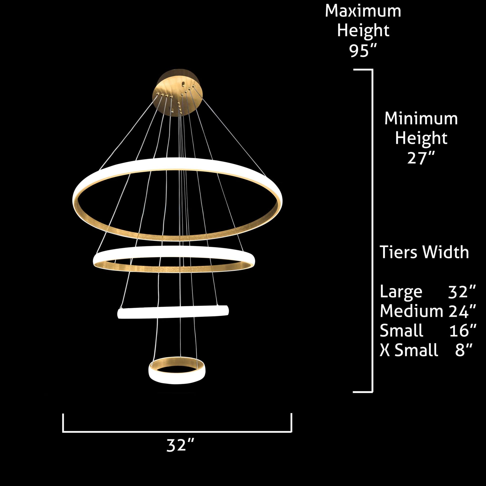 Dimensions diagram for multi-ring LED gold chandelier design
