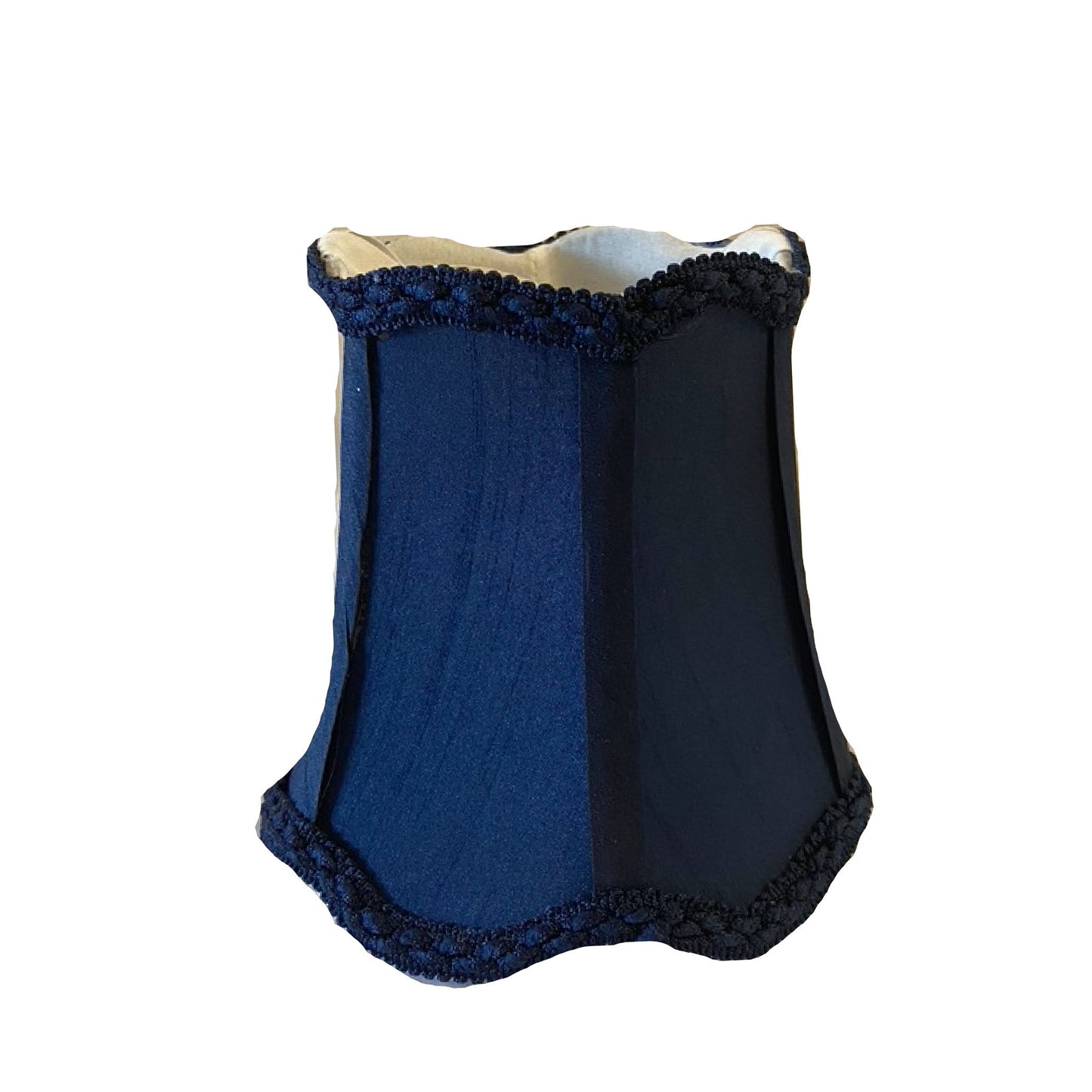 Navy blue fabric clip-on lamp shade with scalloped trim