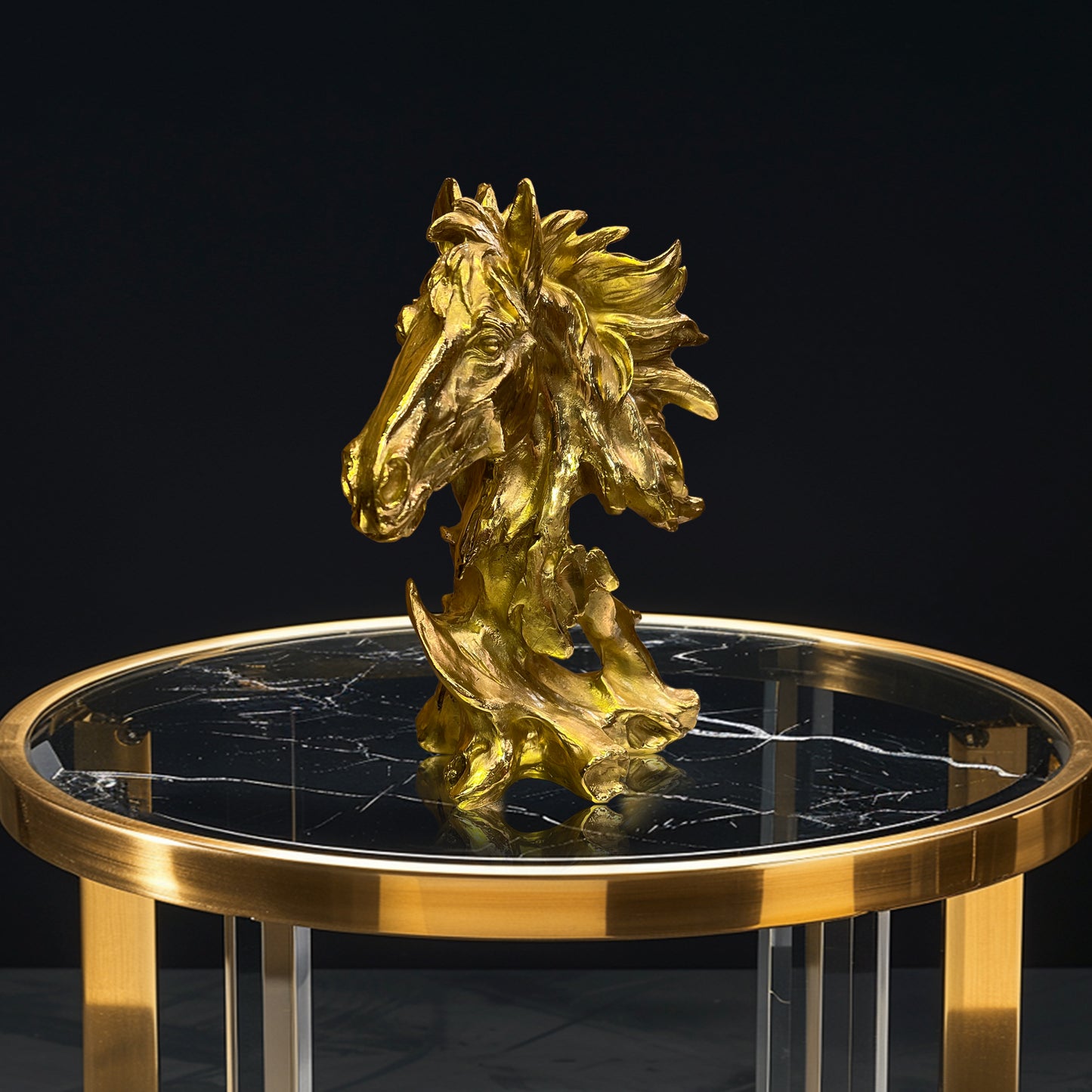 Italian handmade gold brass horse head statue, perfect as a sophisticated office statement piece.
