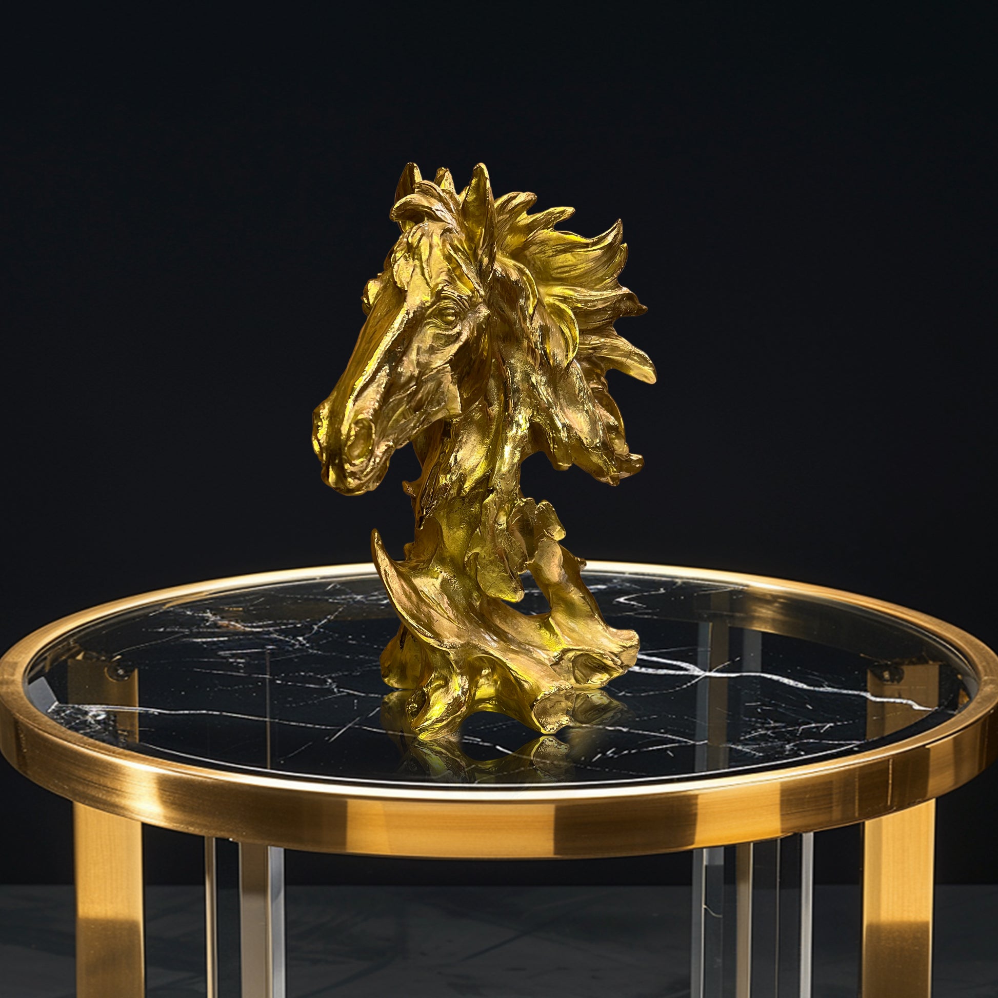 Italian handmade gold brass horse head statue, perfect as a sophisticated office statement piece.