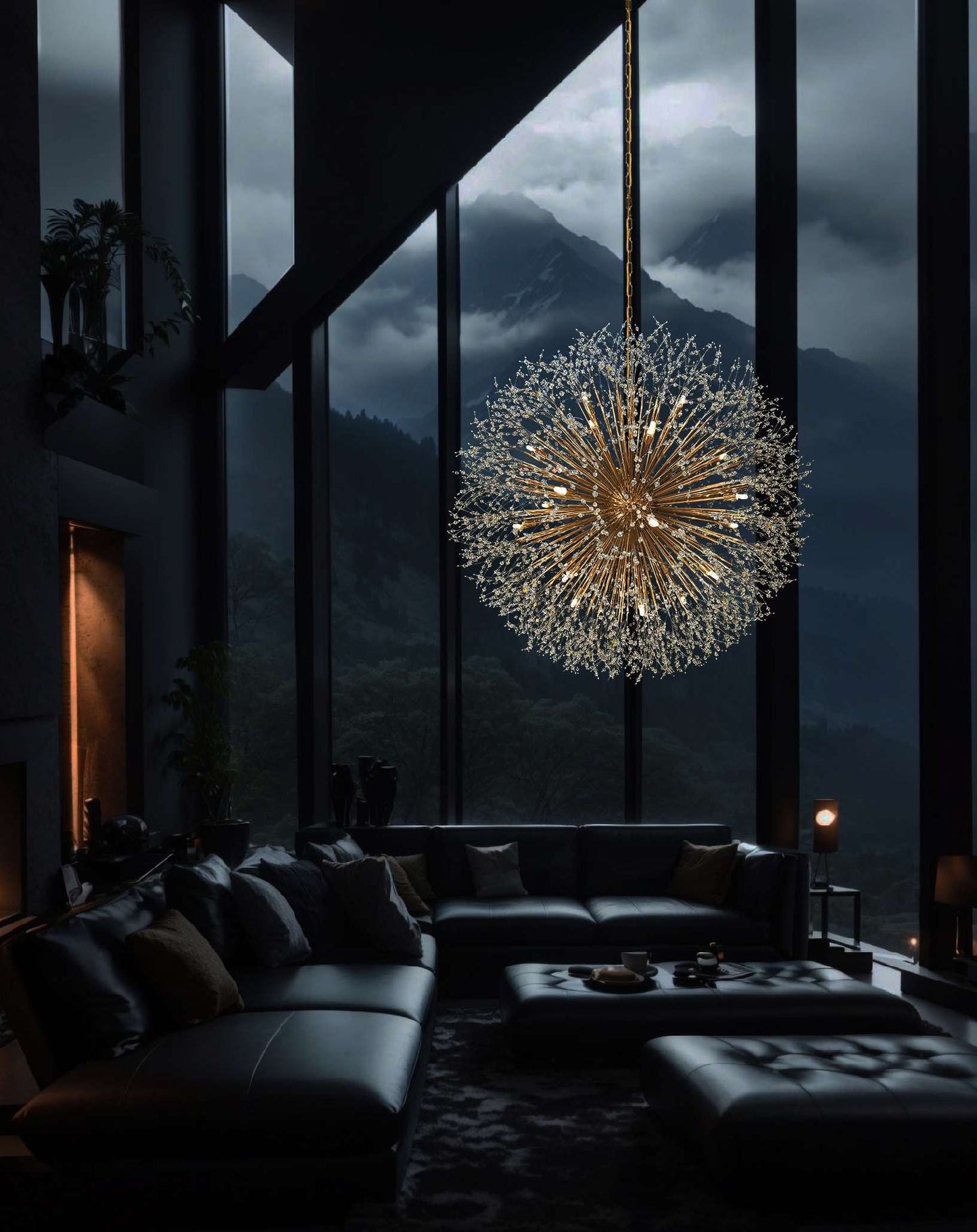 Elegant gold crystal chandelier lighting large modern Family living  room interior