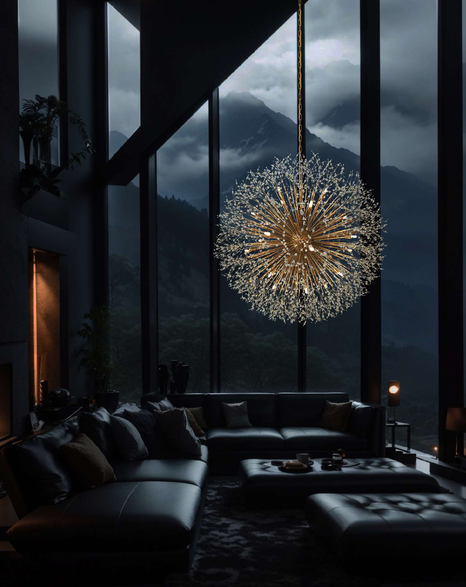 Elegant gold crystal chandelier lighting large modern Family living  room interior