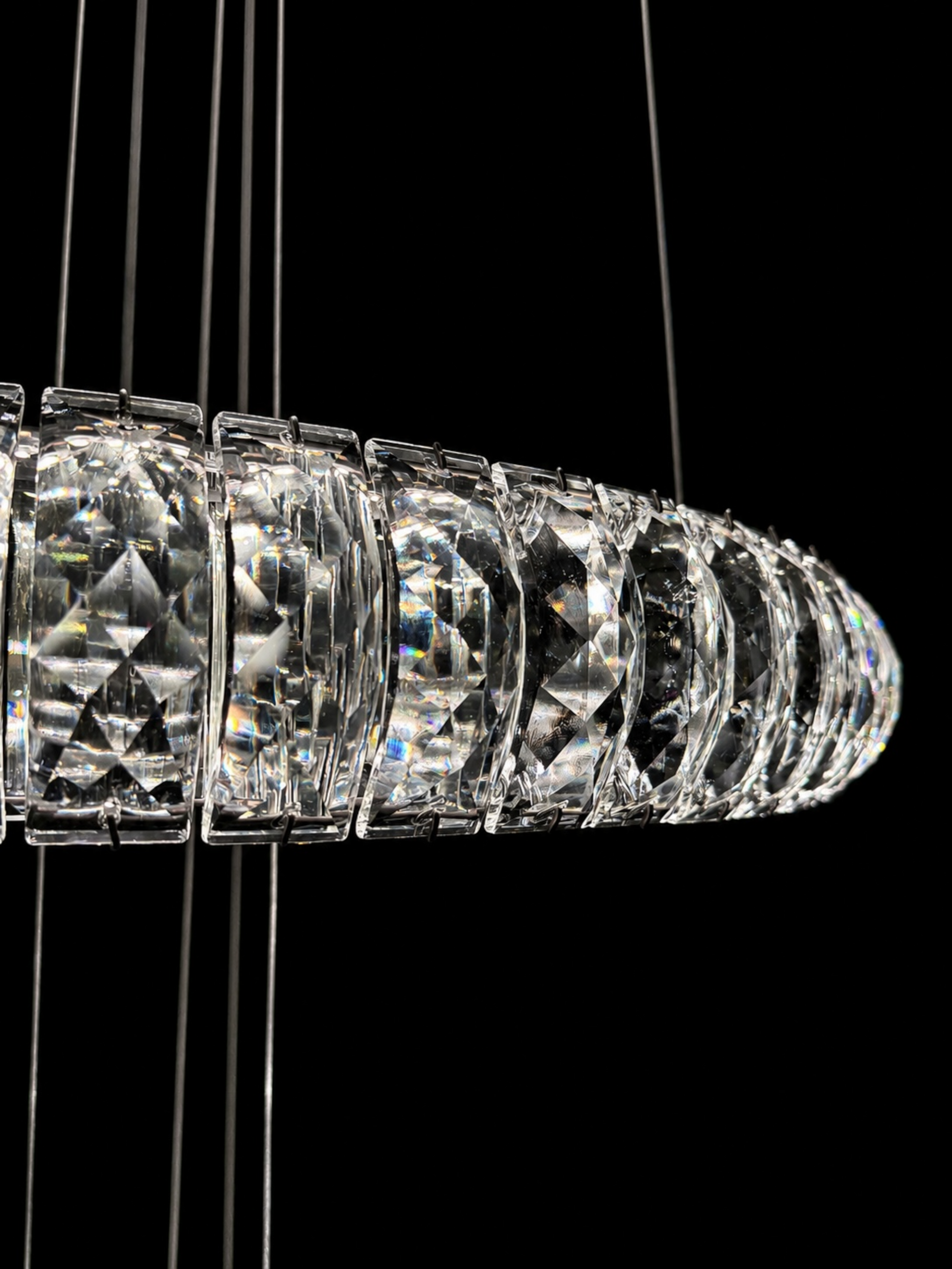 Close Up Side Detail of Premium K9 Crystal Ring Chandelier with Chrome Finish and LED Lighting
