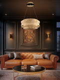 gold dimmable crystal LED chandelier illuminating a contemporary living room with sofa and coffee table.