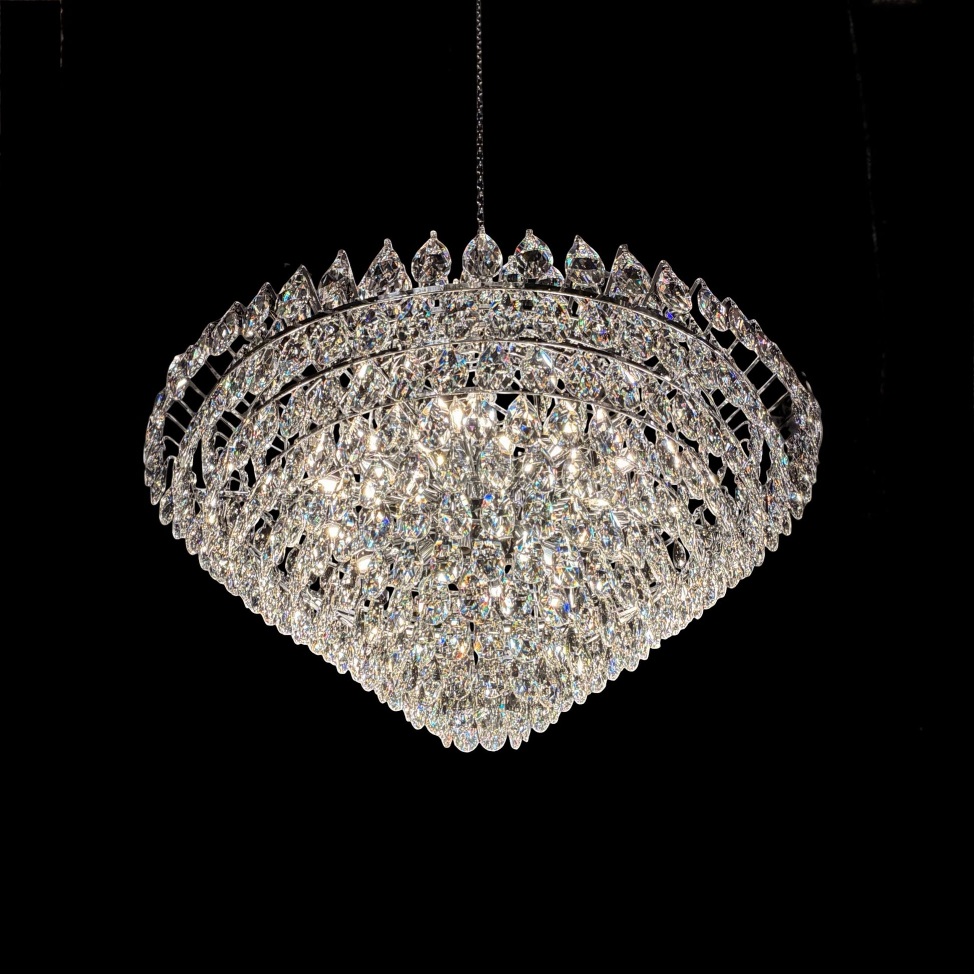 Bottom view of round chrome  crystal chandelier with 30% lead crystal sparkling faceted crystal layers.