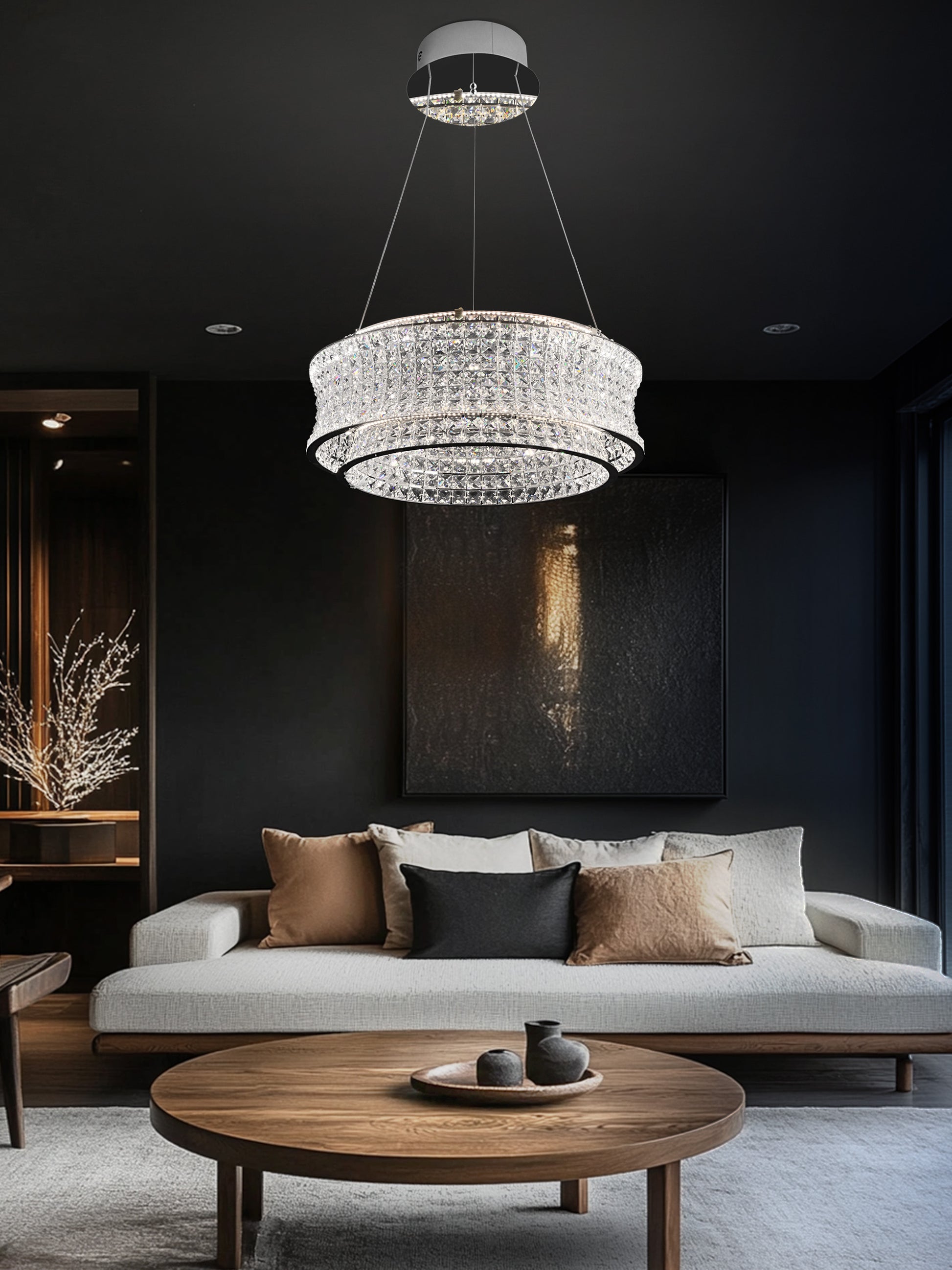 Side angle view of chrome crystal LED chandelier with suspended double-ring crystal layers.