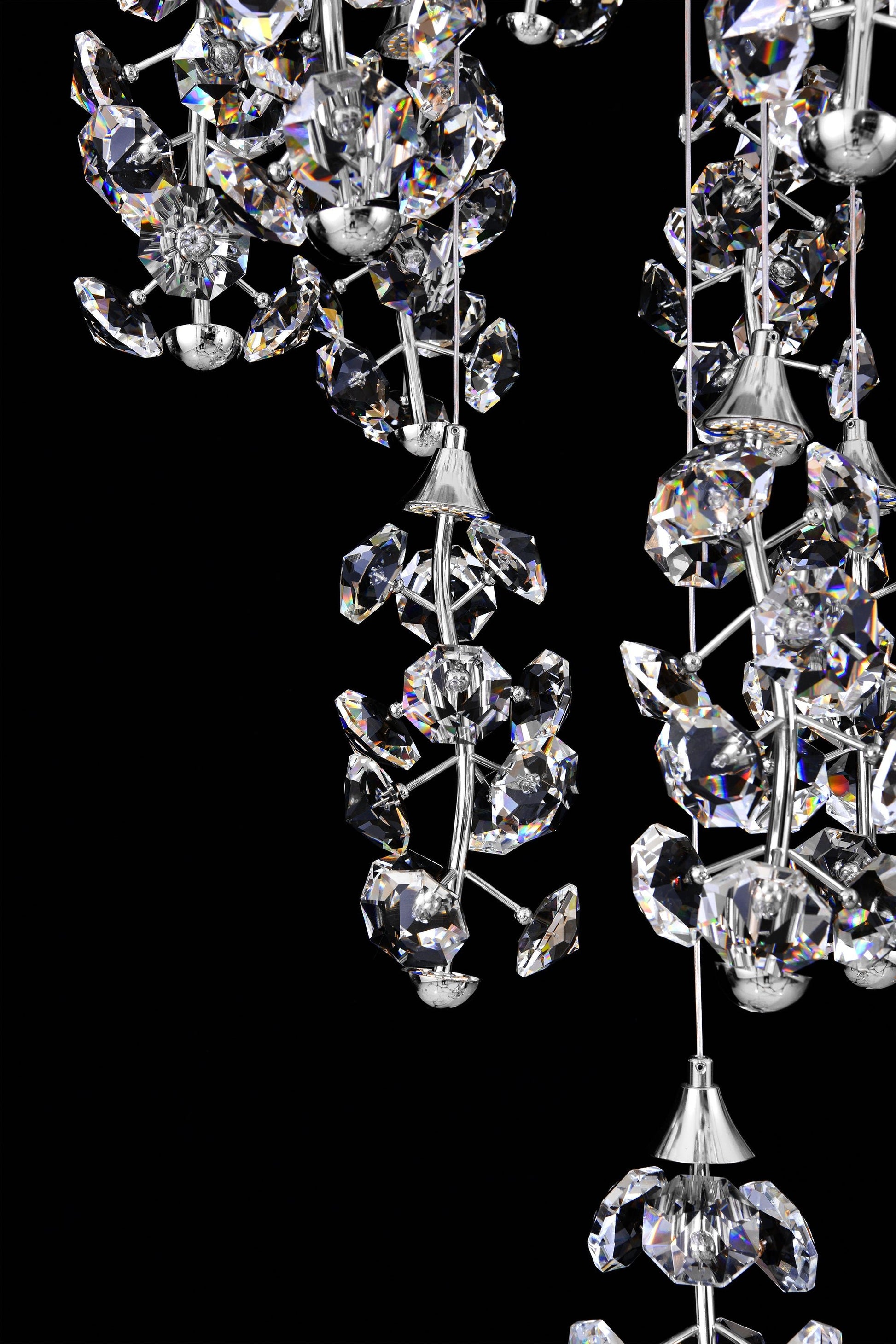 Side view showing precision cut crystals on cascading LED chandelier
