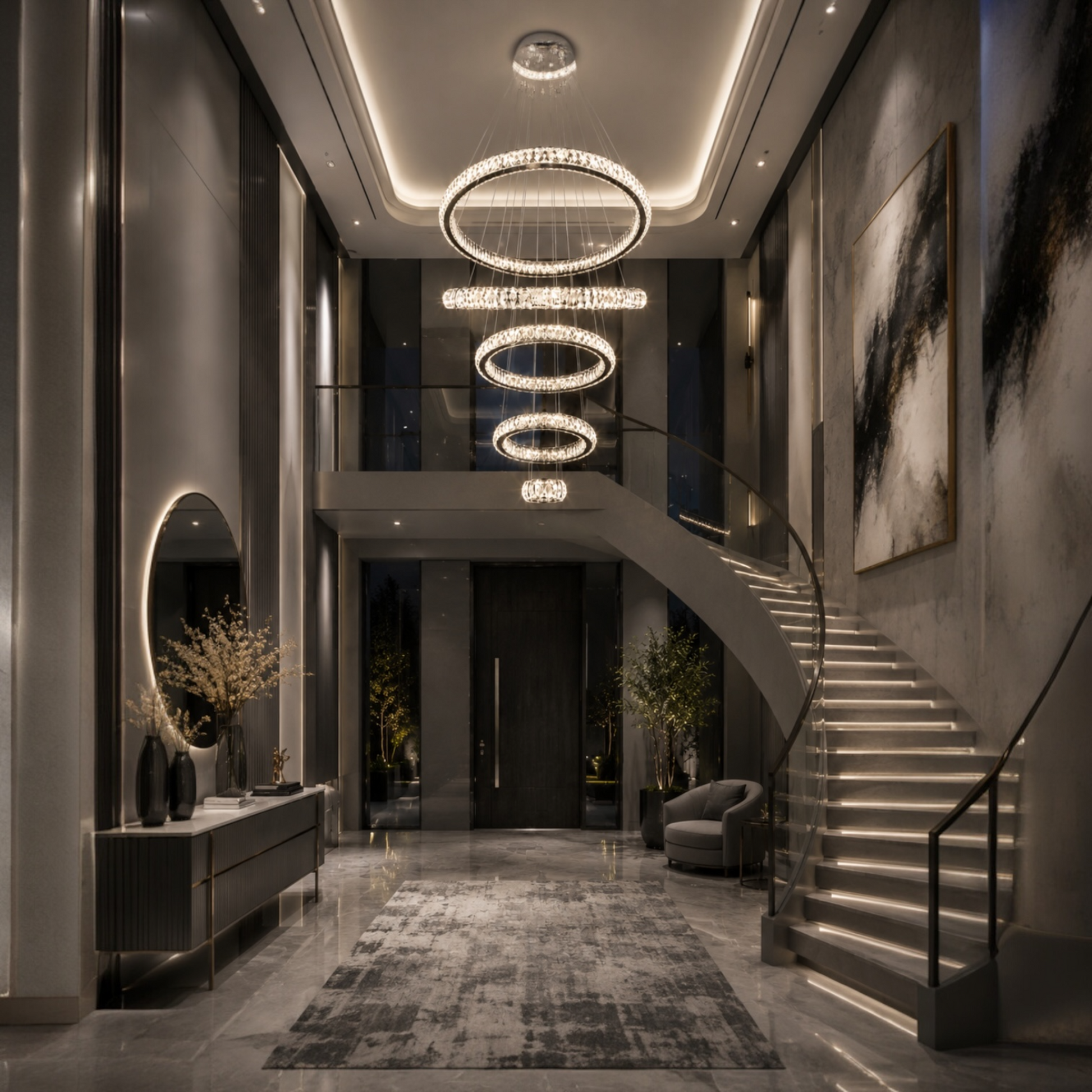 Modern silver crystal chandelier installed above luxury staircase foyer
