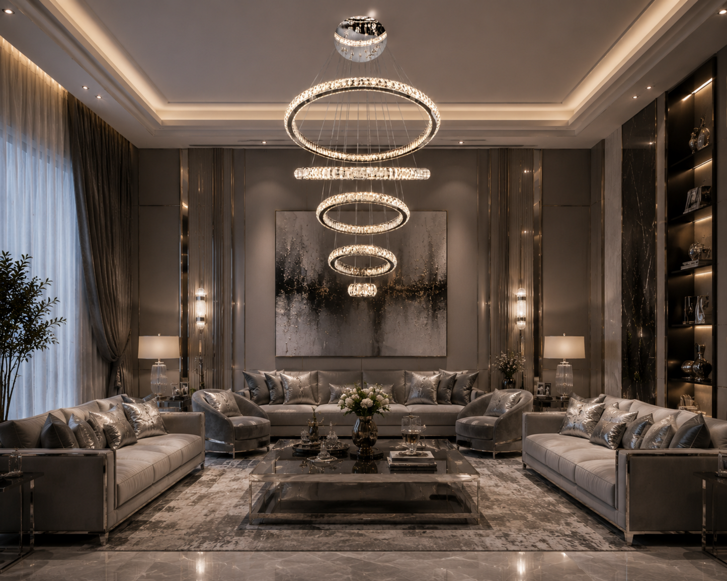 Luxury silver crystal ring chandelier in sophisticated living room
