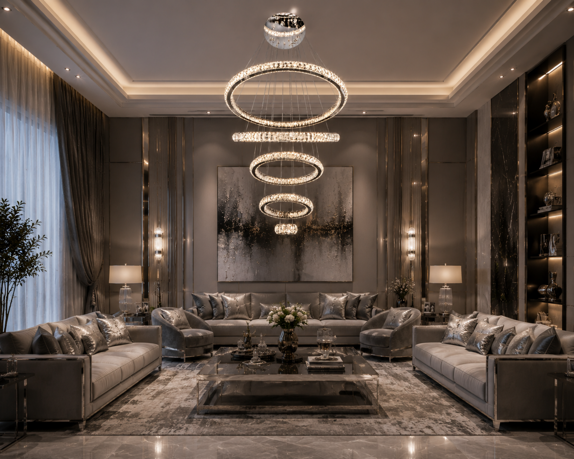 Luxury silver crystal ring chandelier in sophisticated living room
