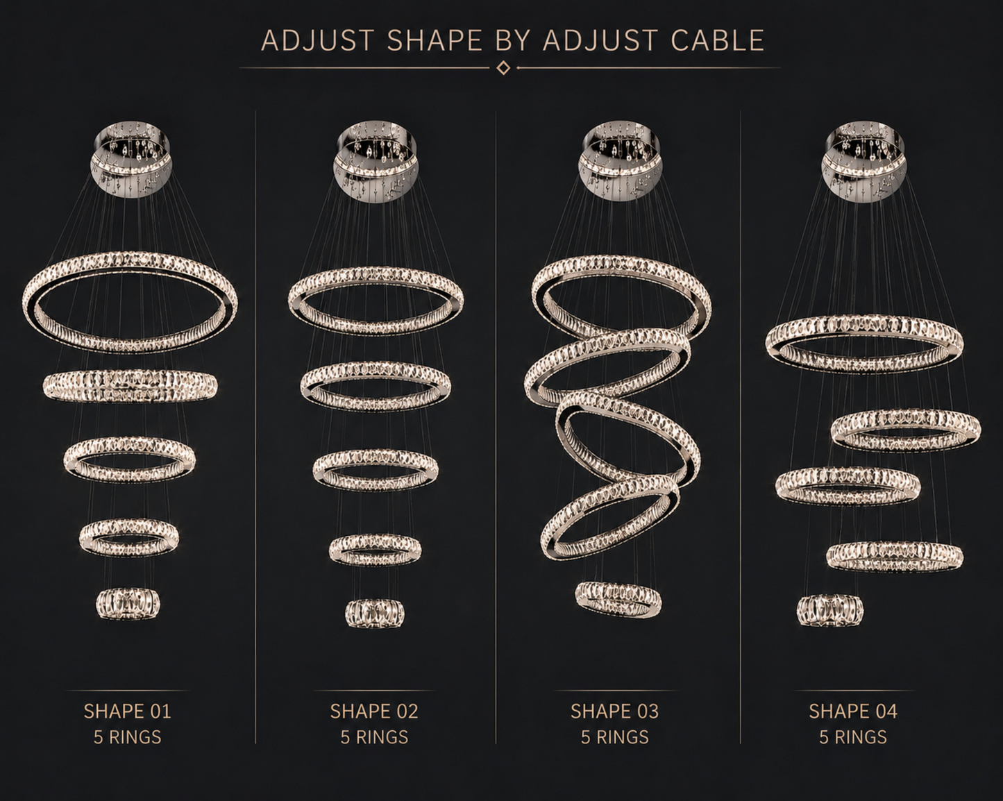 Set of adjustable ring-shaped objects with different configurations on a black background.