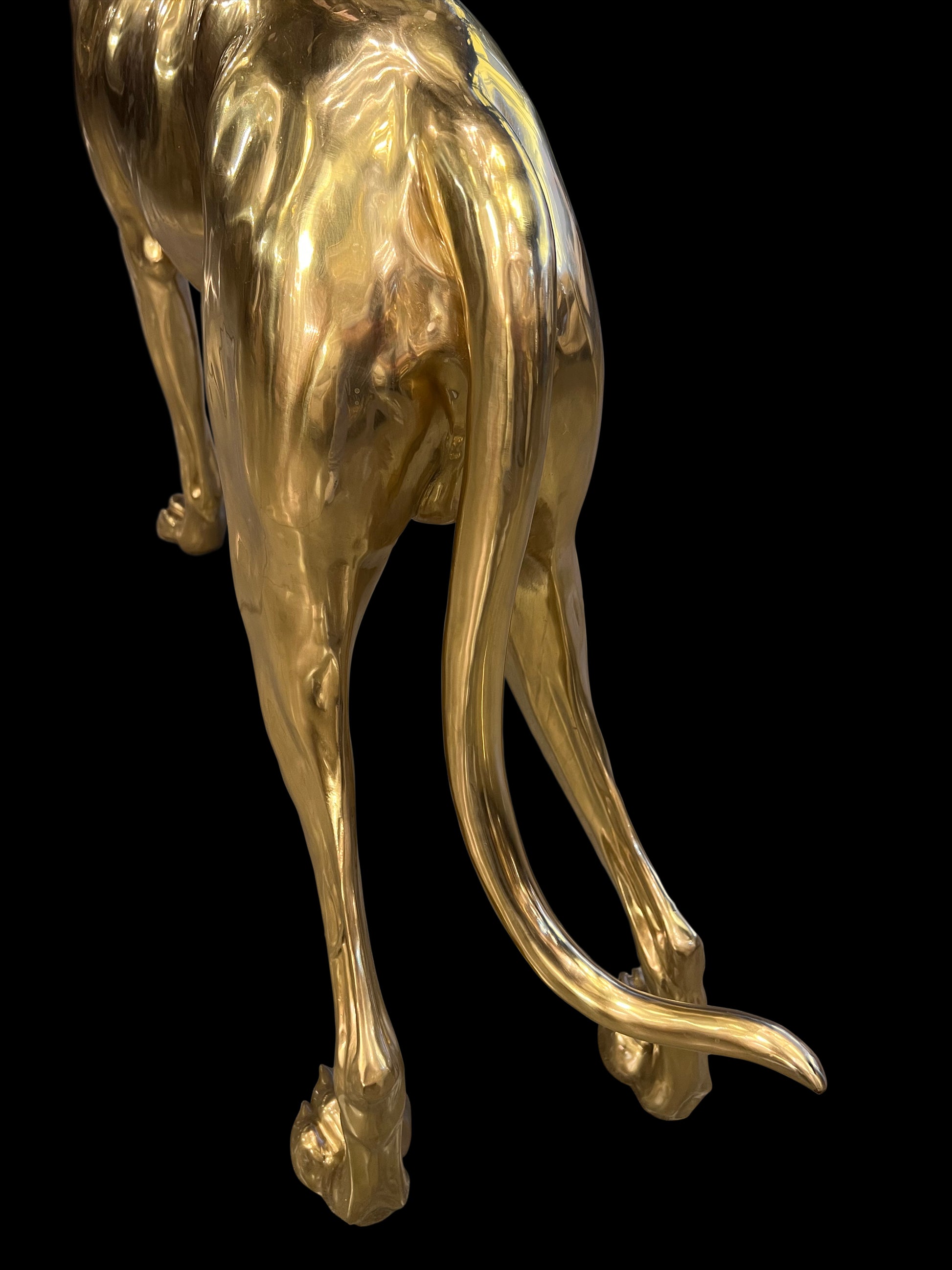Back view of the solid brass Pointer dog sculpture showing the tail and muscular detail.