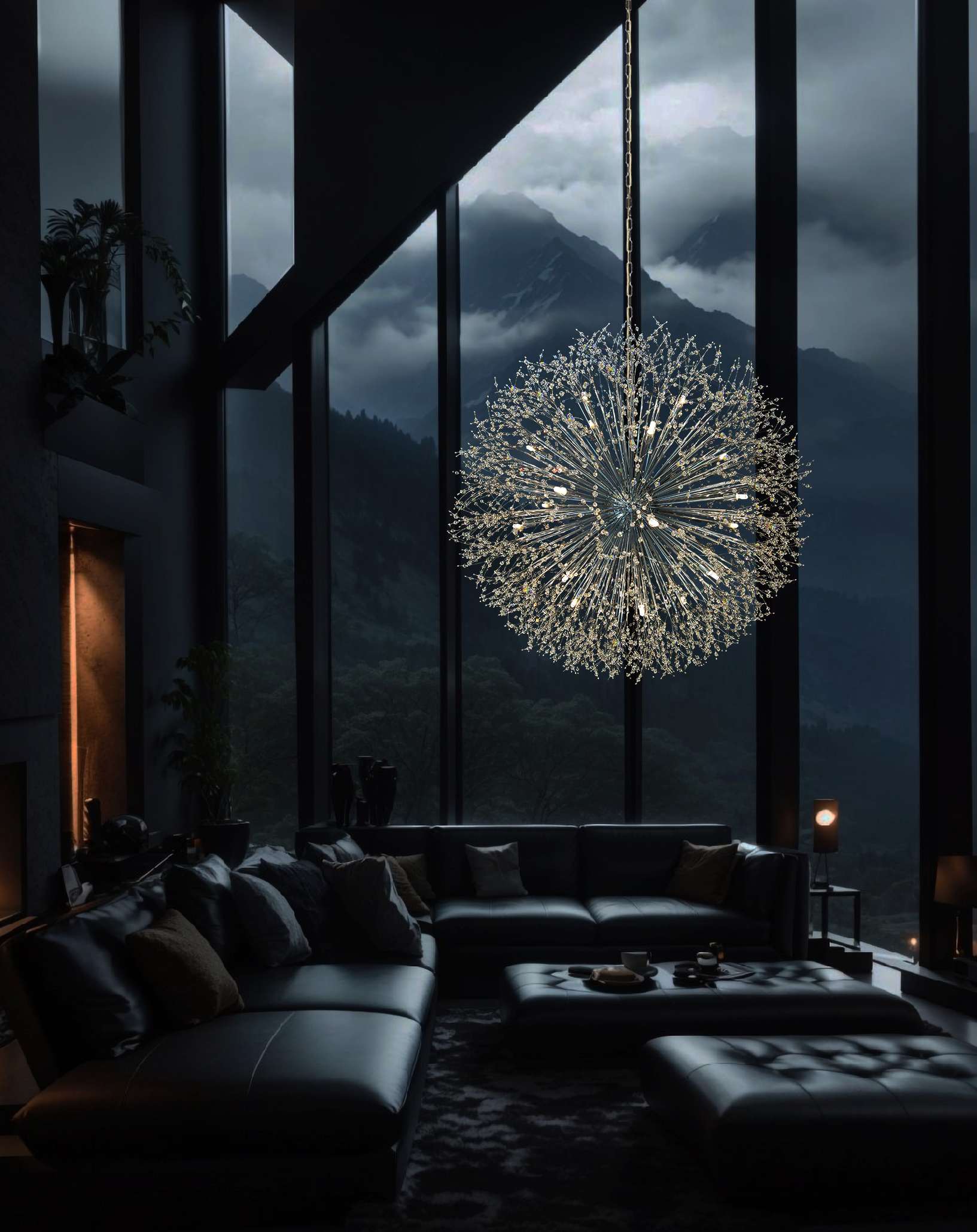 Dimmable chrome starburst crystal ceiling chandelier for high ceiling 