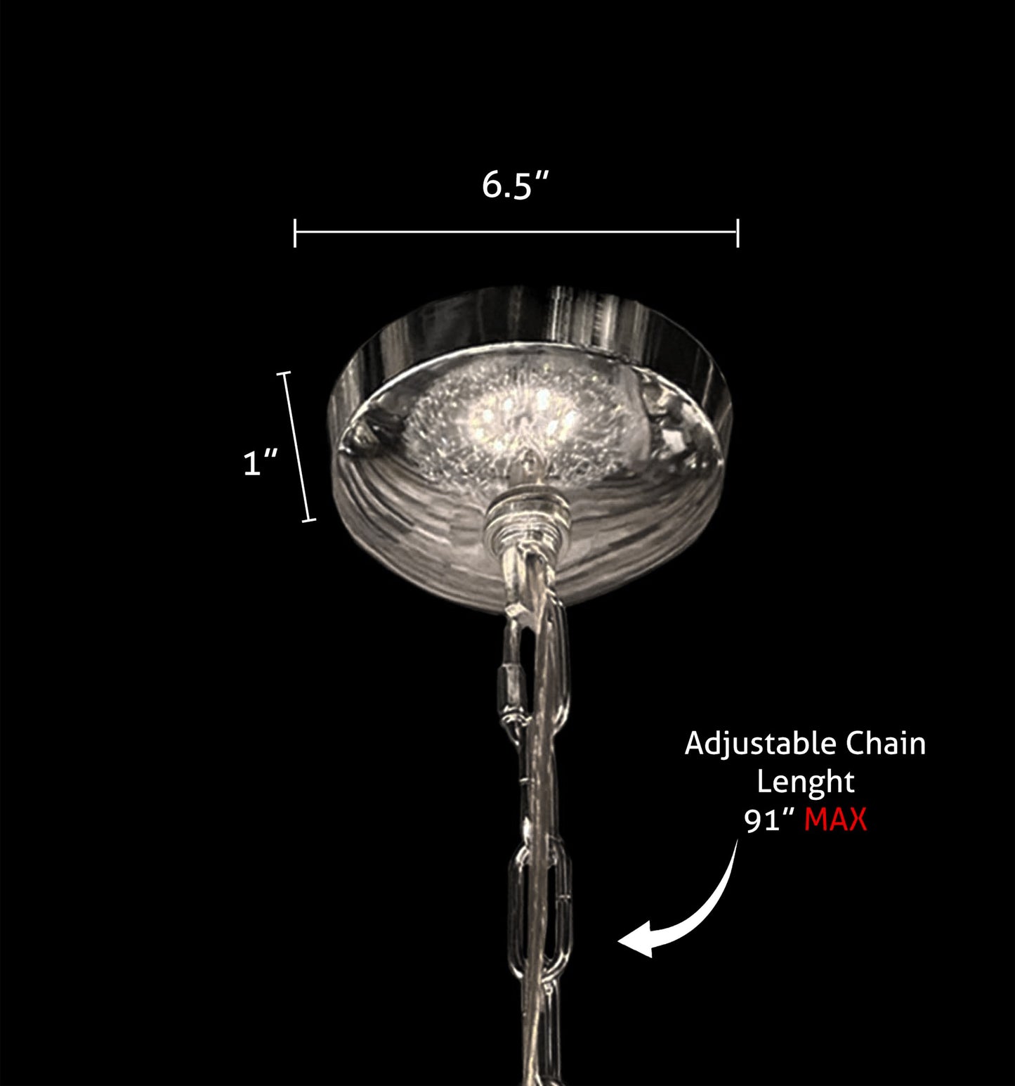 Adjustable chrome chandelier canopy and hanging chain detail