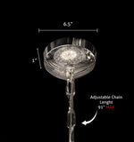 Adjustable chrome chandelier canopy and hanging chain detail